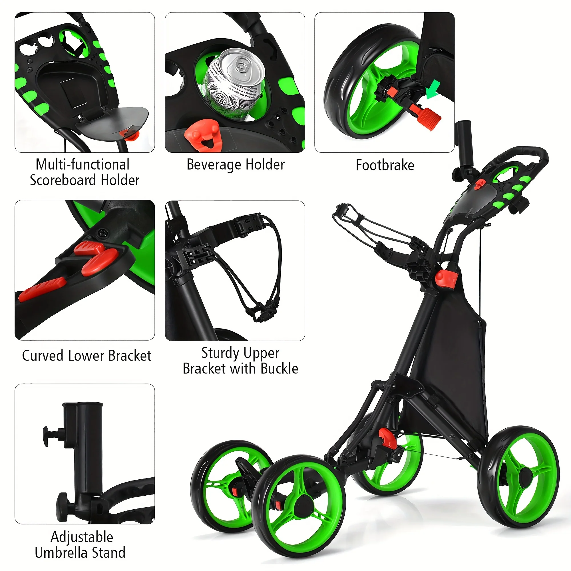 PGAST 4-Wheeled Golf Push Cart-Compact Folding Design, Adjustable Handle, Built-in Scoreboard-Accessories Bag Included, Ideal for Golf Enthusiasts