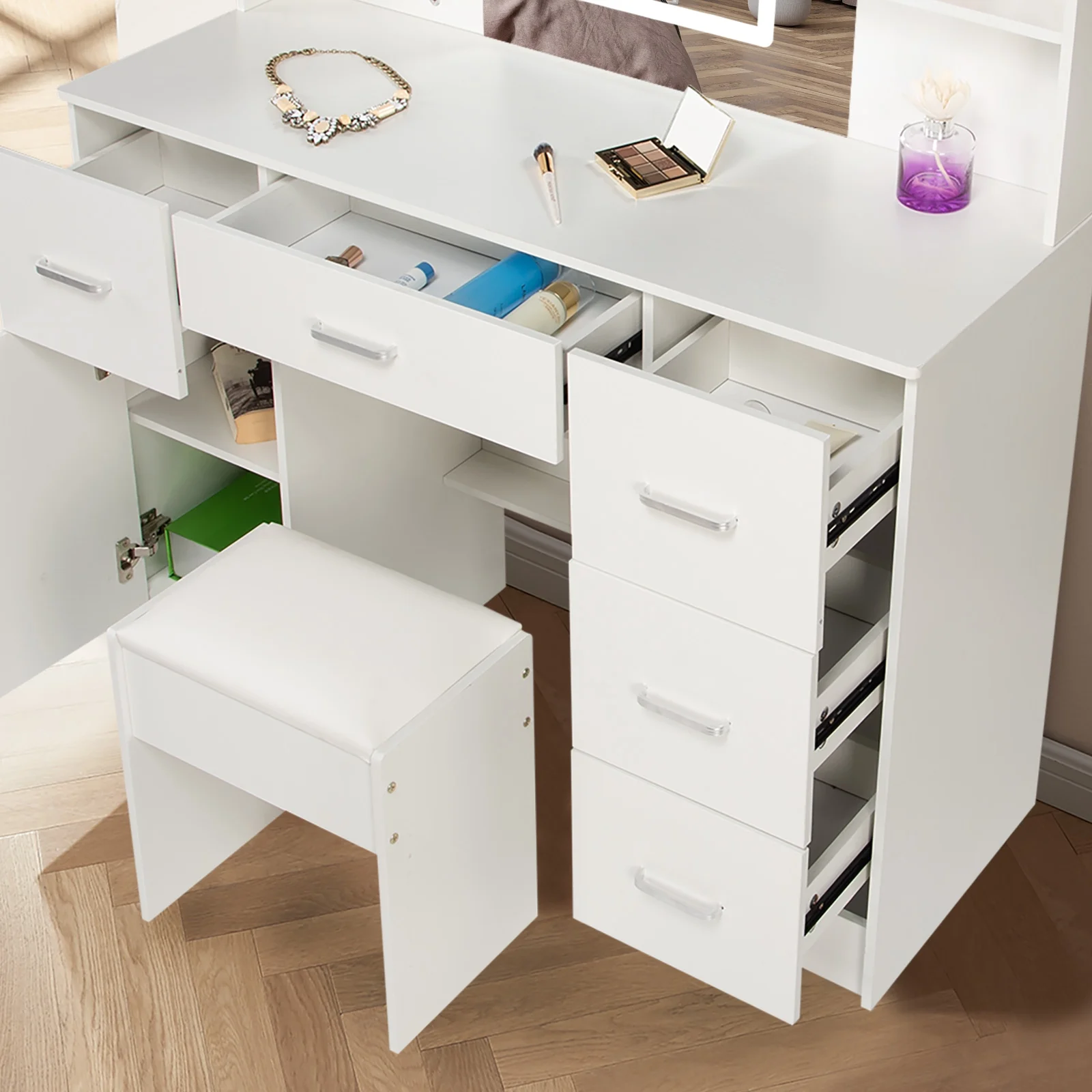 JBLCC Makeup Vanity with Mirror & LED Light, Modern Vanity Desk with 5 Drawers, Makeup Table w/ Stool, White