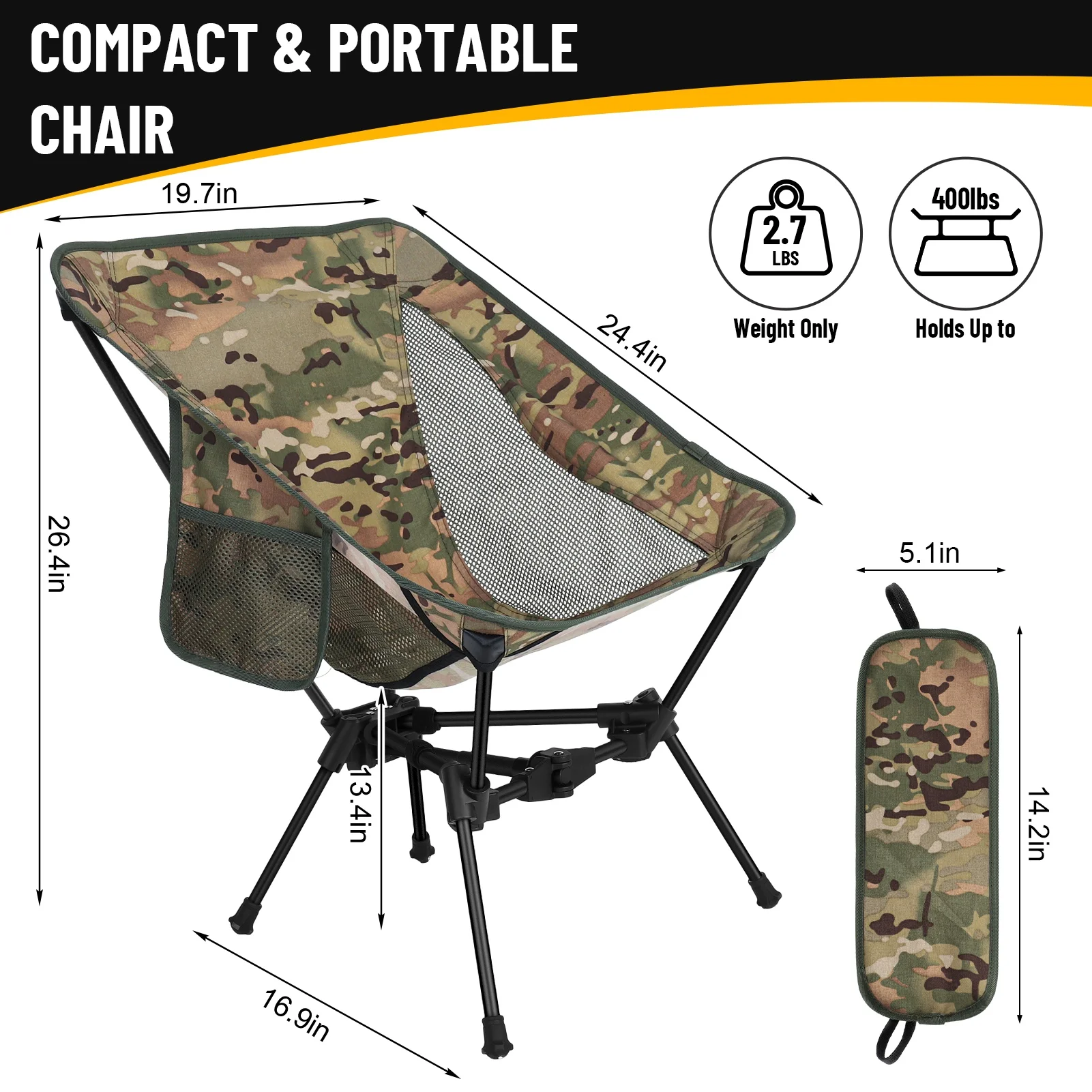 HEQUSIGNS Portable Camping Chair Backpacking Chair, 4th Generation Ultralight Folding Chair, Compact Lightweight Foldable Chairs for Hiking Camping Beach(Camouflage)