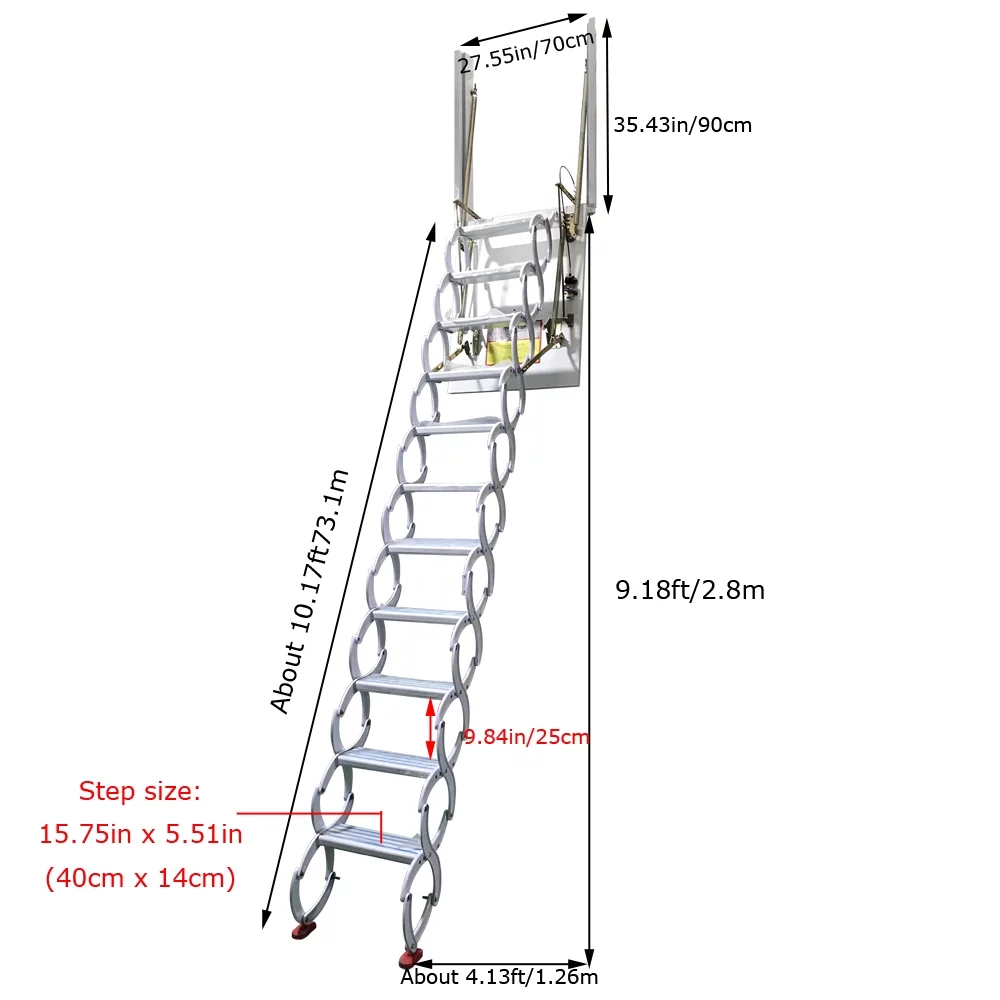 INTSUPERMAI Side Mounted Attic Loft Ladder Stairs Extension Ladder 11 Steps Al-Mg Alloy White