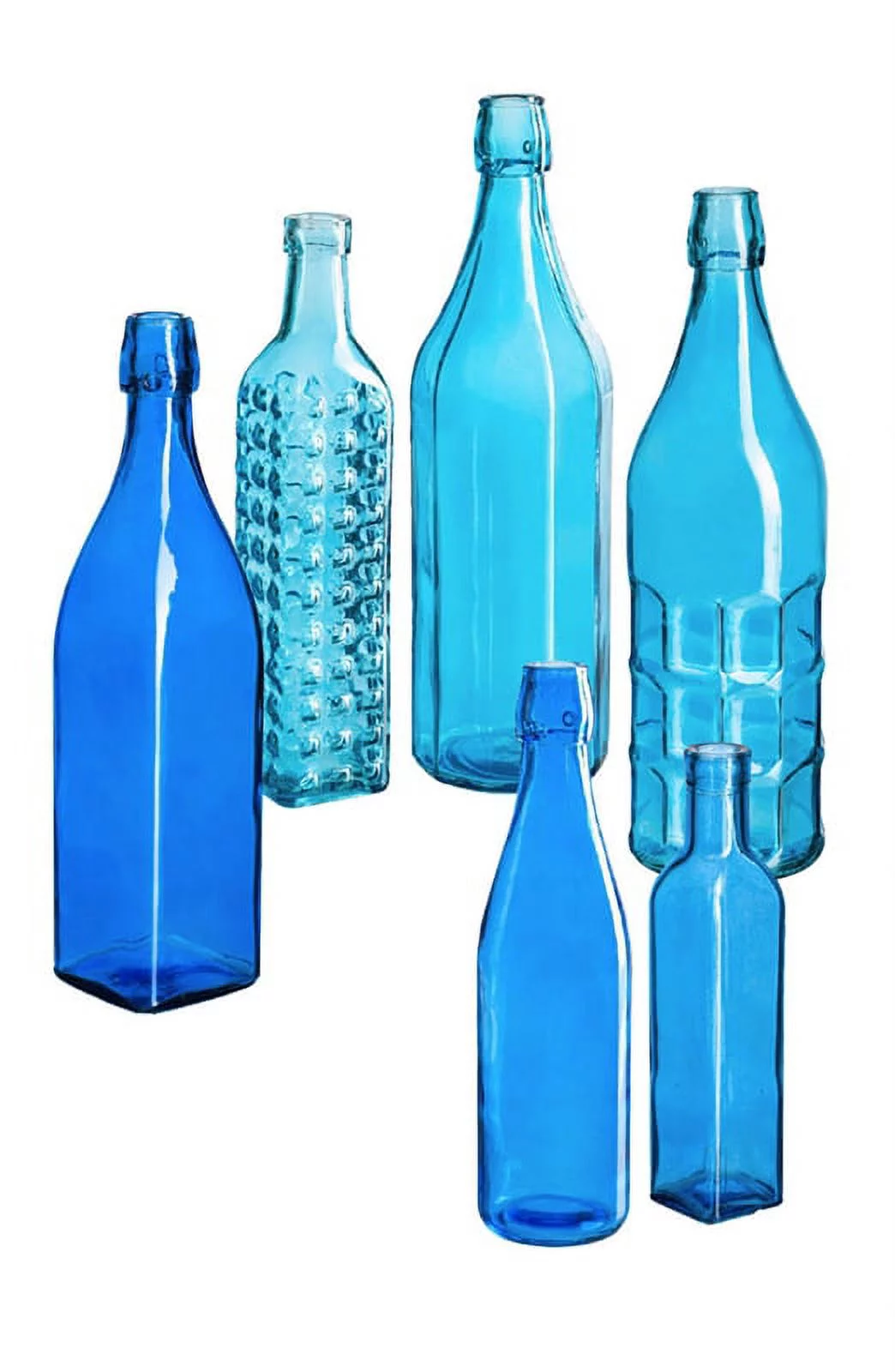 Evergreen Brilliant Blue Glass Bottles, Set of 6