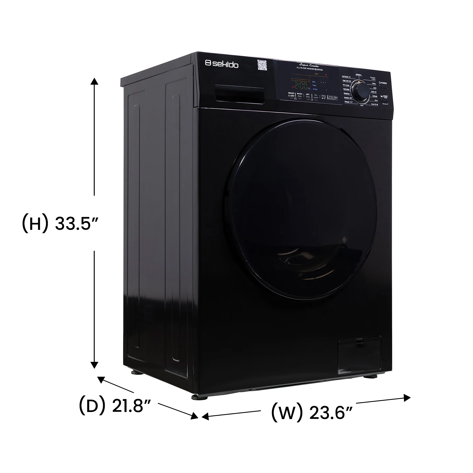 Sekido All-in-One Washer Dryer VENTLESS/VENTED 1.62cf/15lbs 110V with Pet Cycle, 15 programs and Threshold delivery in Black