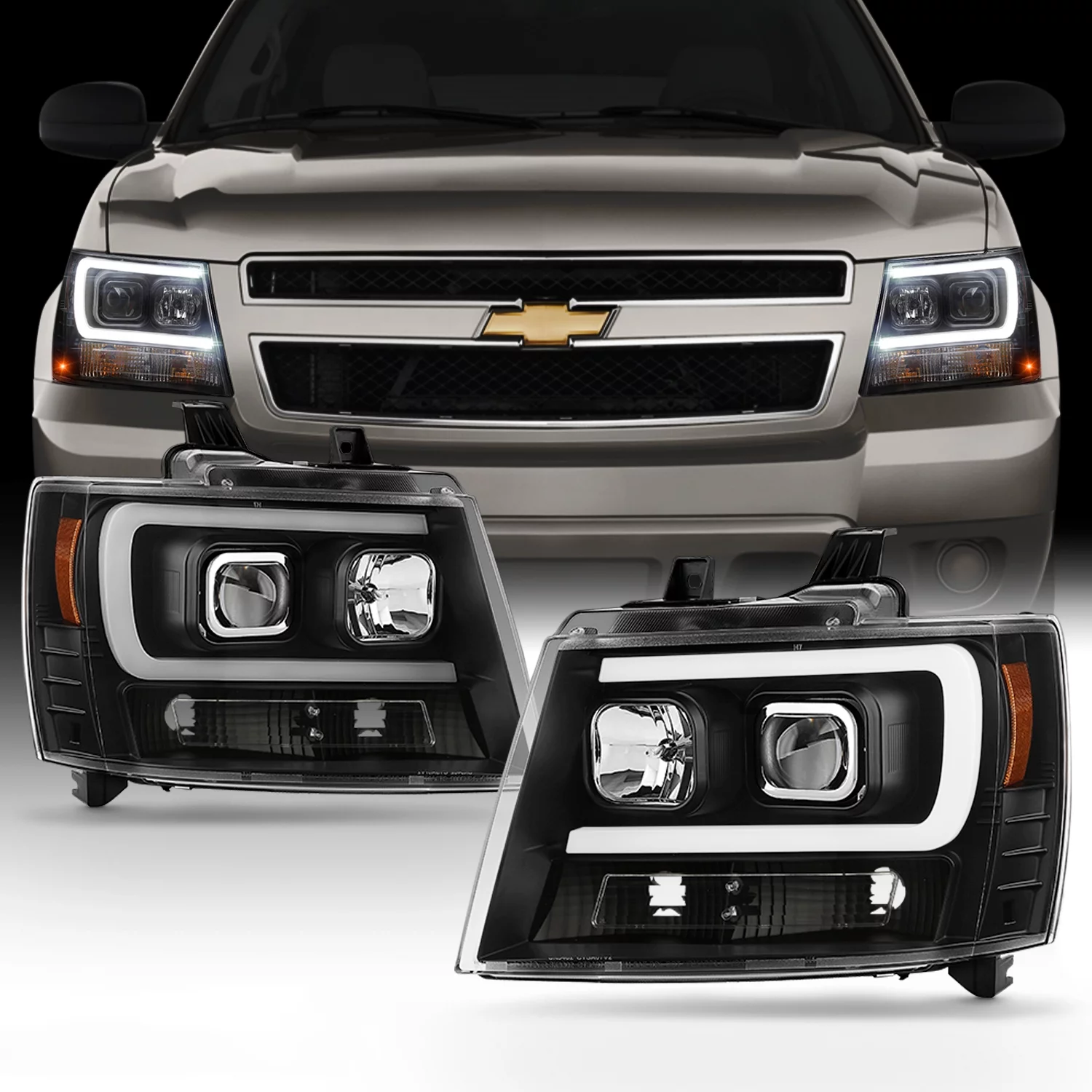 AKKON - Fit 2007-2014 Chevy Suburban 1500/2500 Tahoe/Avalanche Halogen Type [LED Low Beam DRL C-Shape] Projector Headlights
