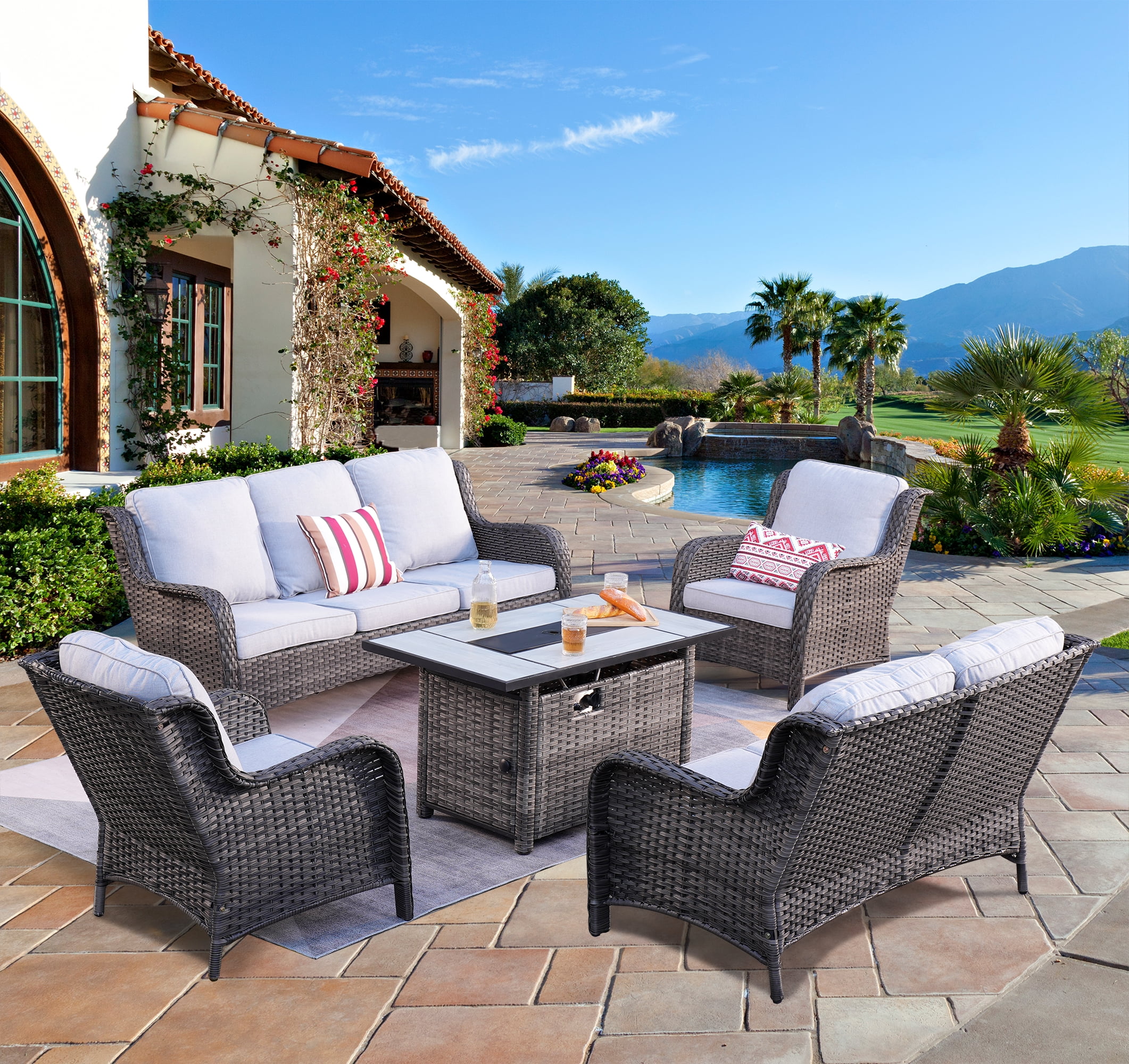 Ovios 5 Pieces Outdoor Patio Furniture with Rectangle Fire Pit Table Wicker Patio Sectional Sofa with Loveseat for Backyard