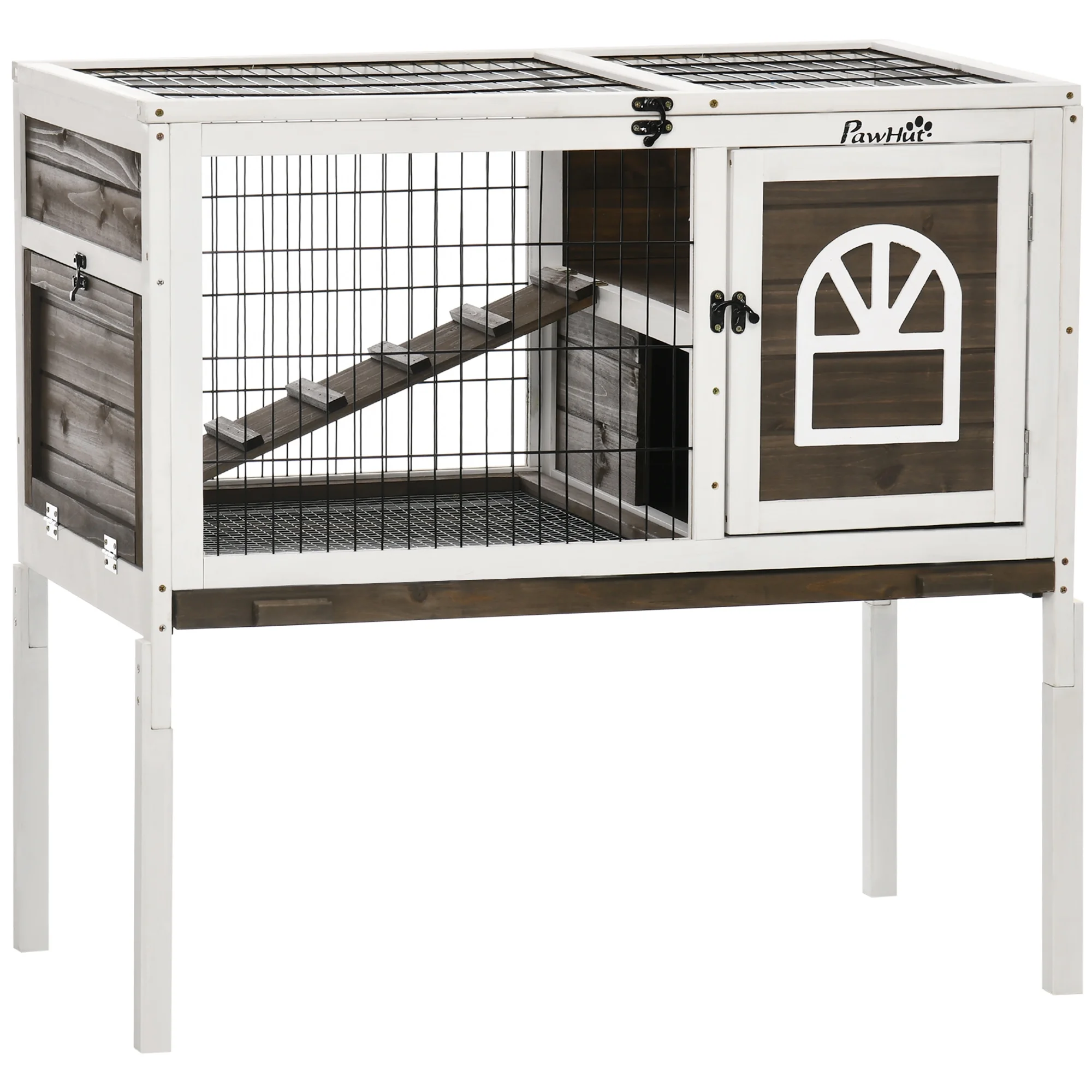 PawHut Wood Rabbit Hutch, Elevated Guinea Pig Cage with Run, Coffee