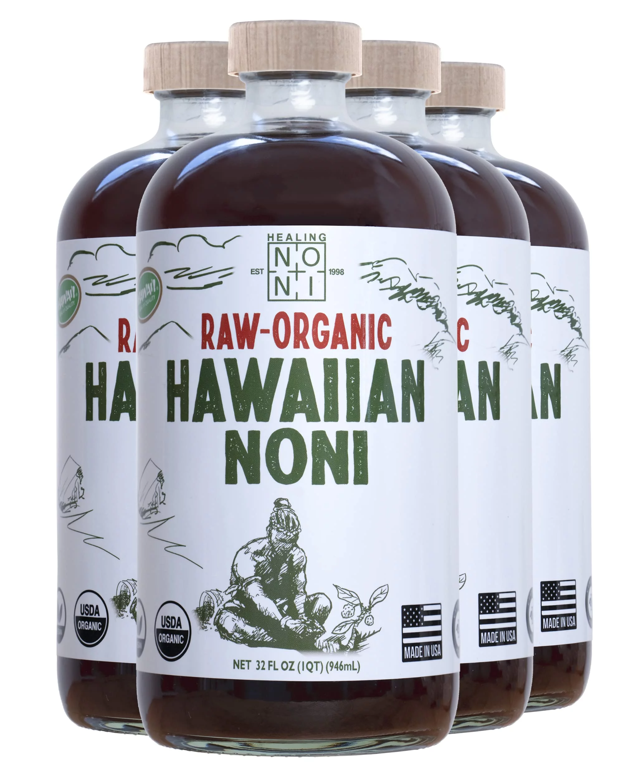 Healing Noni - Raw Organic Hawaiian Noni Juice - 4 Pack of 32oz Glass Bottles