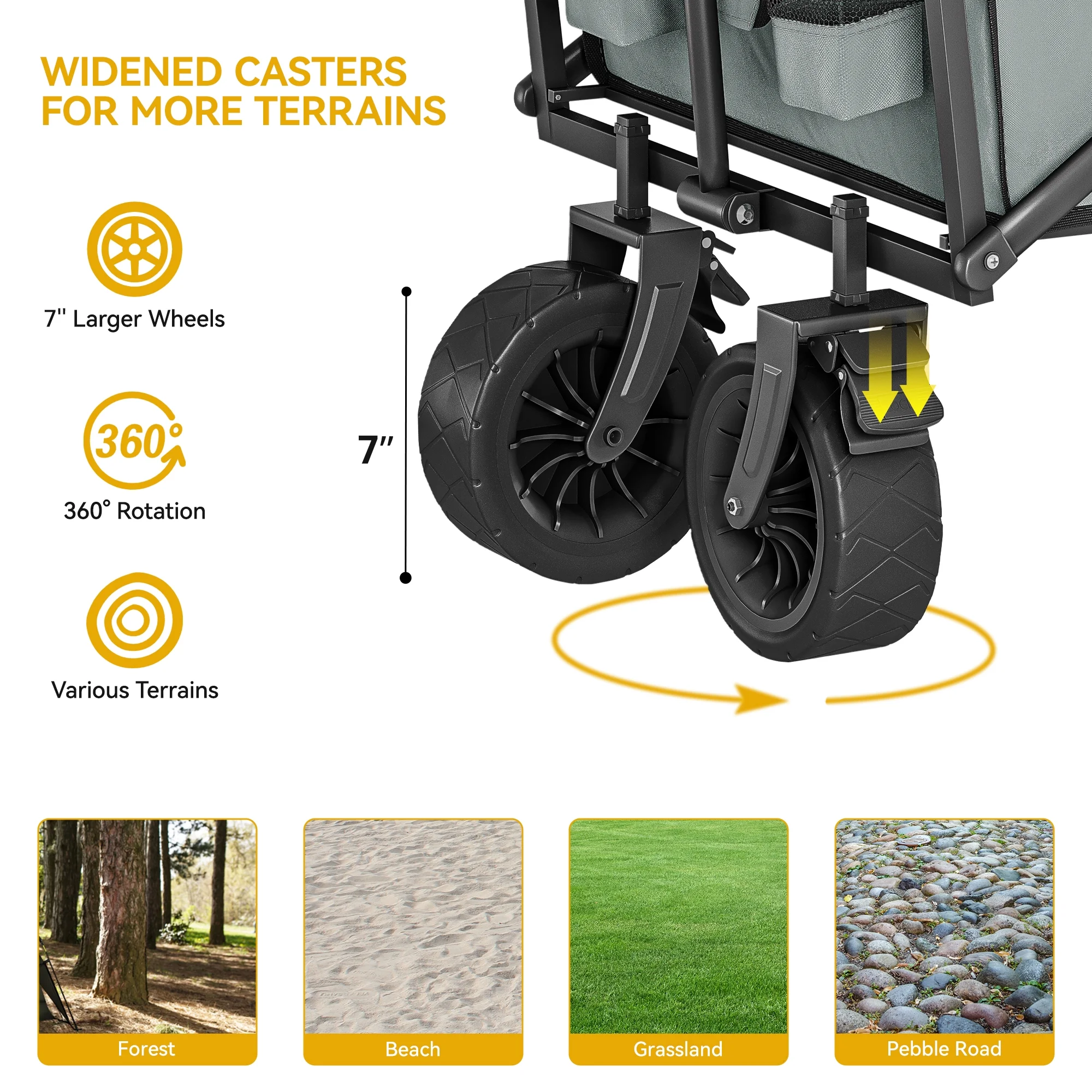 Dextrus Utility Folding Wagon Camping Park Wagon Cart Portable Collapsible Garden Cart with Roll Table Plate, 2 Drink Holders, Side Storage Pocket, for Sports, Outdoor, Garden, Fishing, Gray