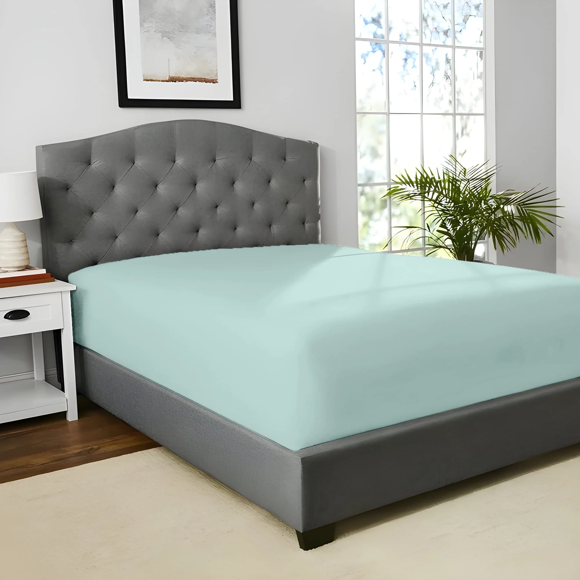 HOMES PERCEPTION Poly Cotton Jersey Full Fitted Sheet - Single Fitted Sheet Only - Fade Resistant & Wrinkle-Free Bed Cover Fitted Sheet- 16 Inches Deep Pocket Full Size Fitted Sheet, Light Green