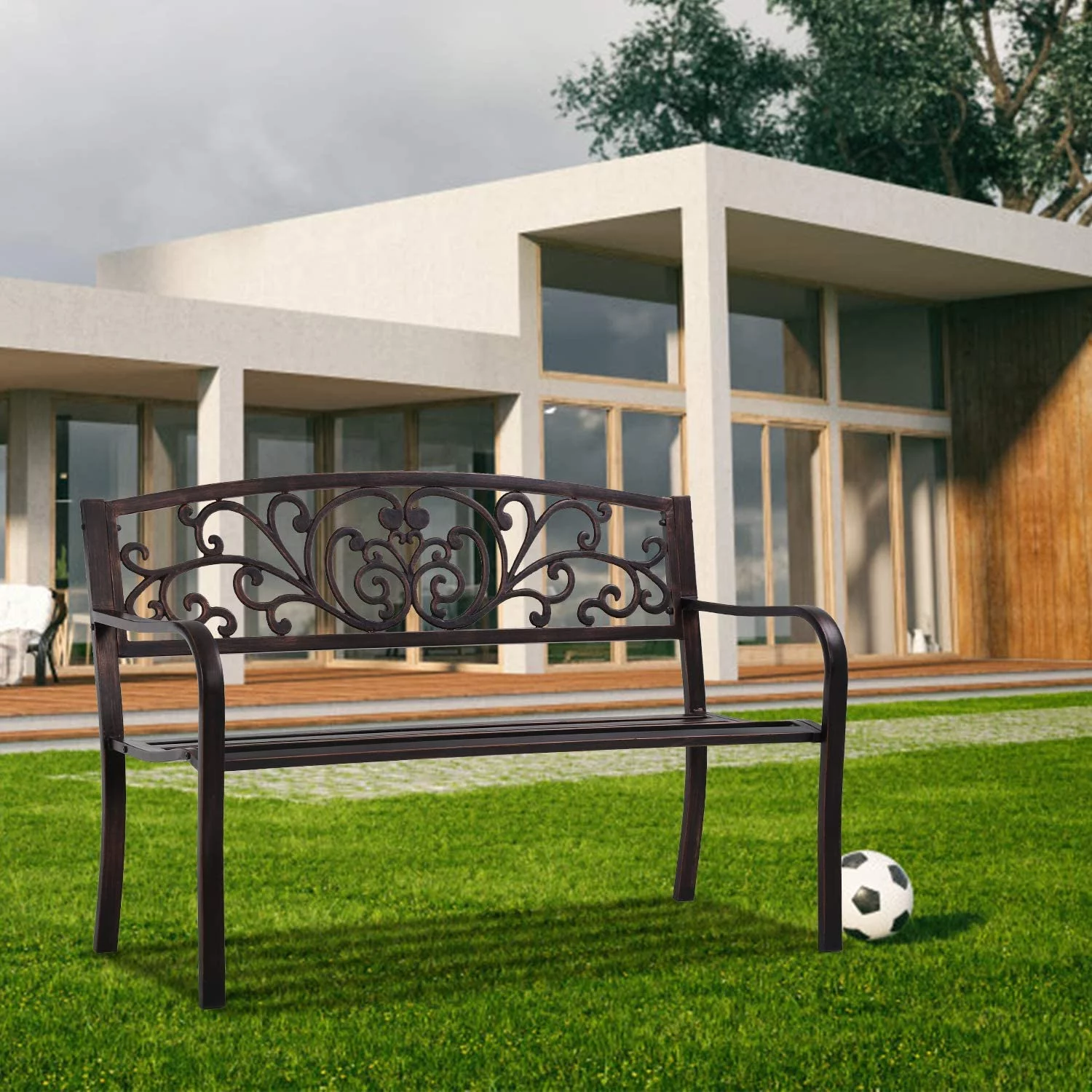 Outdoor Garden Bench Metal, Patio Park Bench with Armrests for Yard Steel & Cast Iron Chair Steel Frame Furniture for Deck Lawn Courtyard