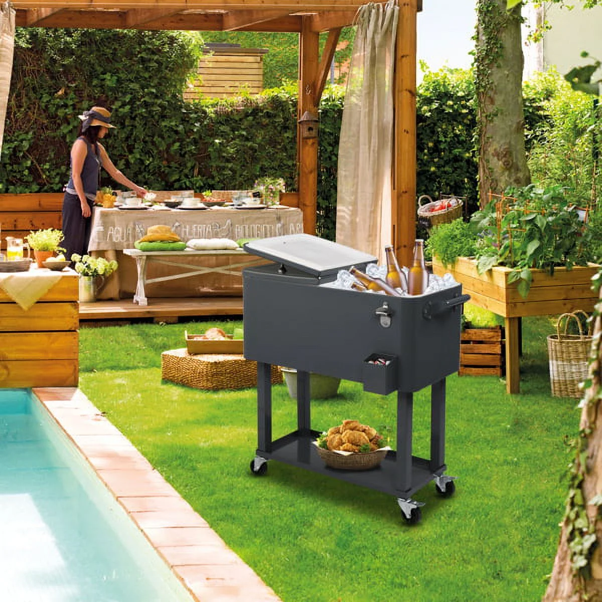 80 Quart Rolling Ice Chest Cooler Cart,Patio Backyard Party Drink Beverage Bar Stand Up Cooler Trolley with Ice Scoop