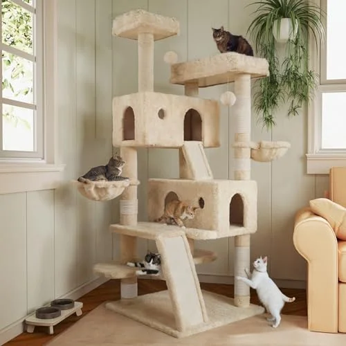 MUTICOR 66 Inches Multi-Level Large Cat Tree Tower for Indoor Big Cats/Cozy Plush Perches/Cat Condo/Sisal Scratching Posts/Hammock and Baskets/Cat Activity Center Play House/Wide Base/Beige