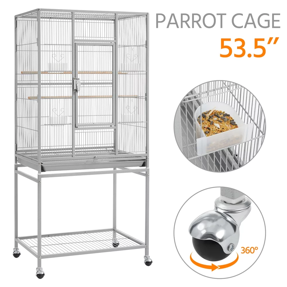 Topeakmart 54''H Large Rolling Metal Parrot Cage Bird Cage with Detachable Stand for Conures Parakeets Cockatiels, Light Gray