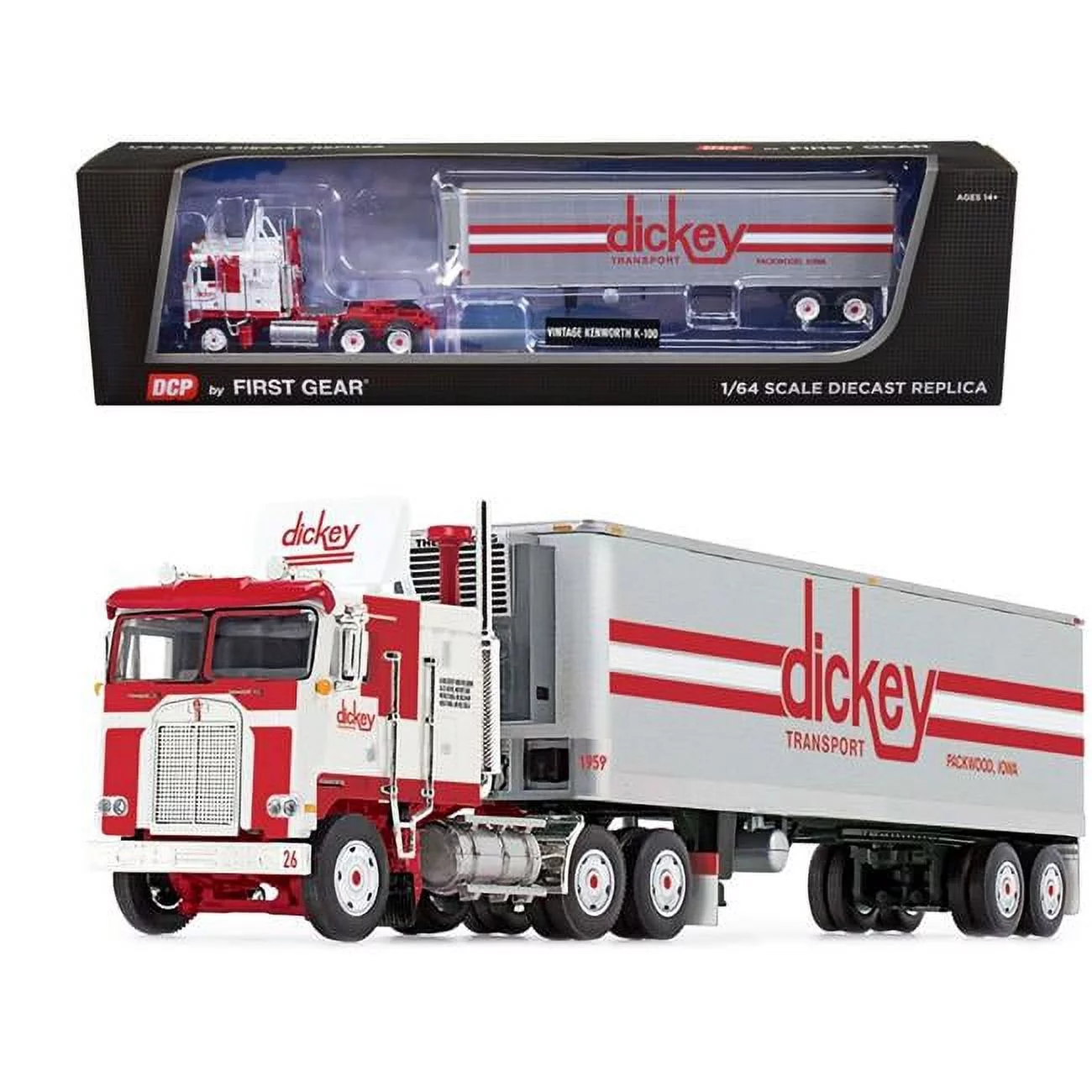 First Gear DCP 1/64 Kenworth K100 Flattop w/ Air Foil & 40' Vintage Reefer Trailer, Dickey Transport 60-1596