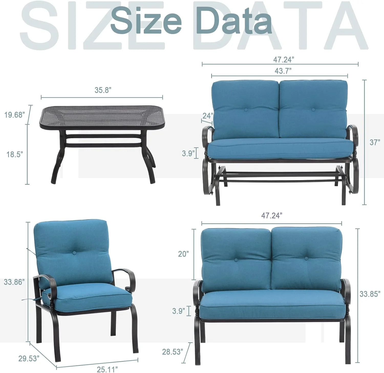 SOLAURA 5-Piece Outdoor Metal Furniture Set Patio Wrought Iron Conversation Set (Patio Swing Glider, 2 Patio Chairs, Loveseat with Coffee Table), Peacock Blue