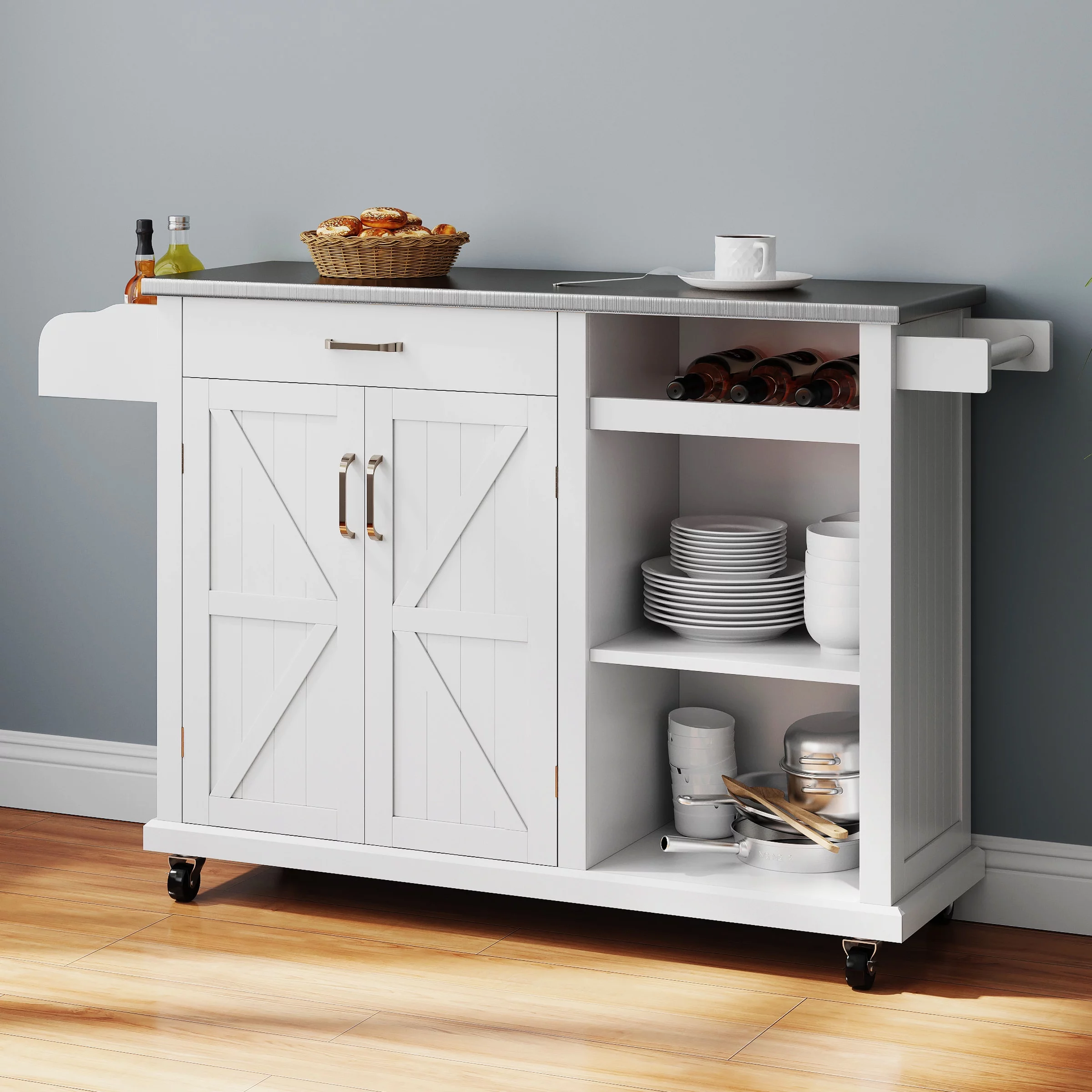 Rolling Kitchen Island Cart with Stainless Steel Top and Wine Rack, Kitchen Island on Wheels with Drawer & Open Shelves & Spice Rack(White-Stainless Top)