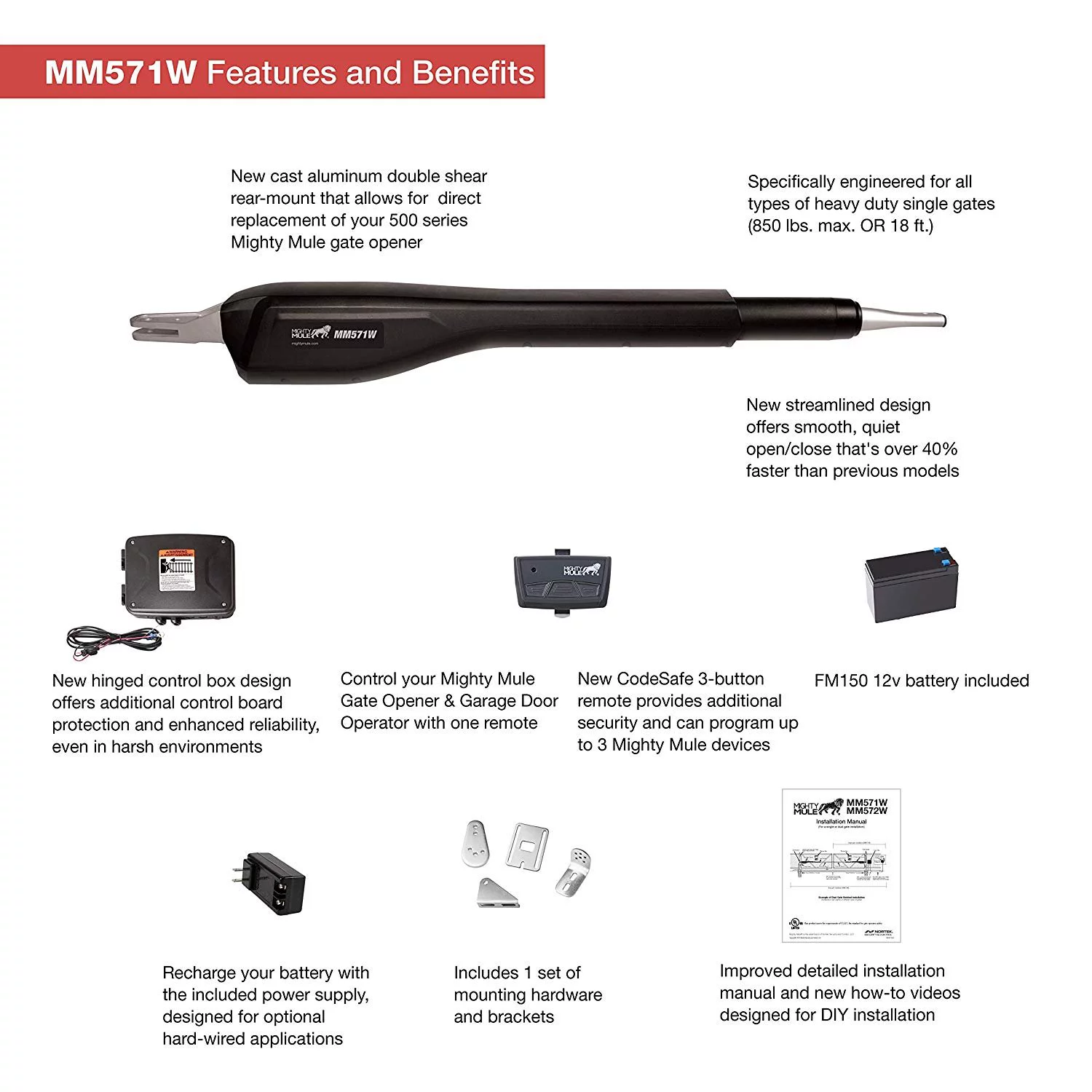 Mighty Mule MM571W Single Swing Smart Gate Opener Kit