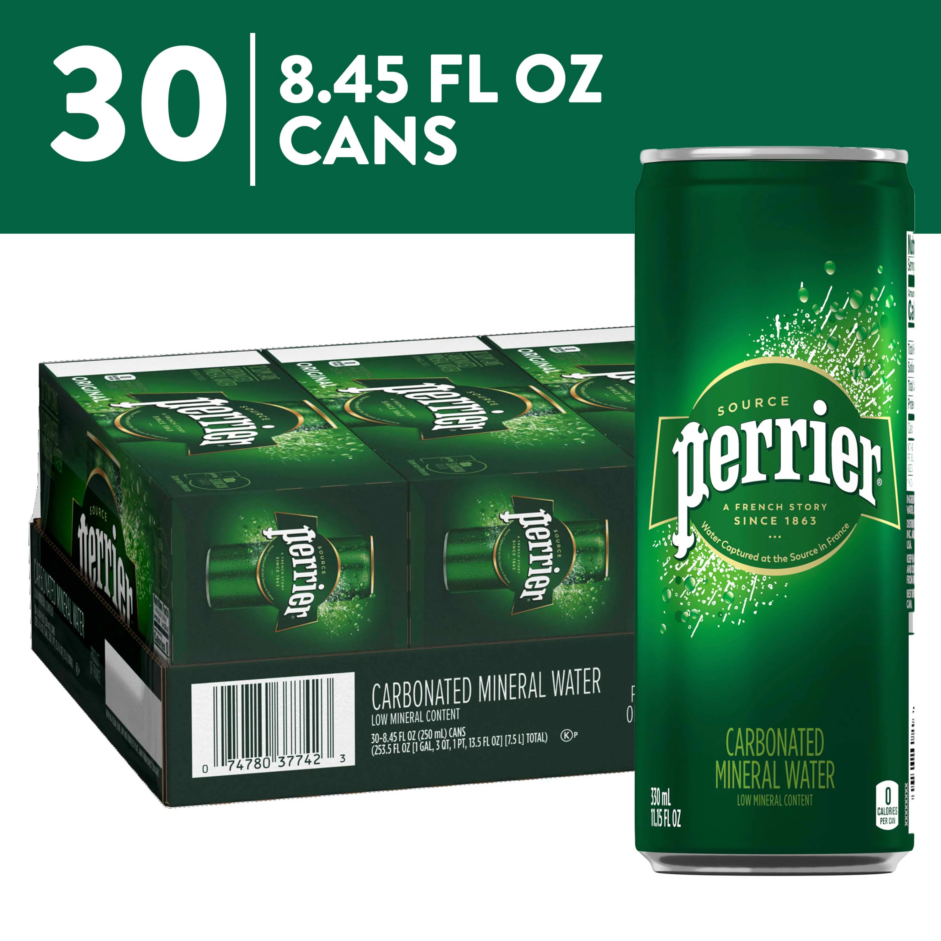 Perrier Carbonated Mineral Water, 253.5 fl oz, 30 Pack Cans