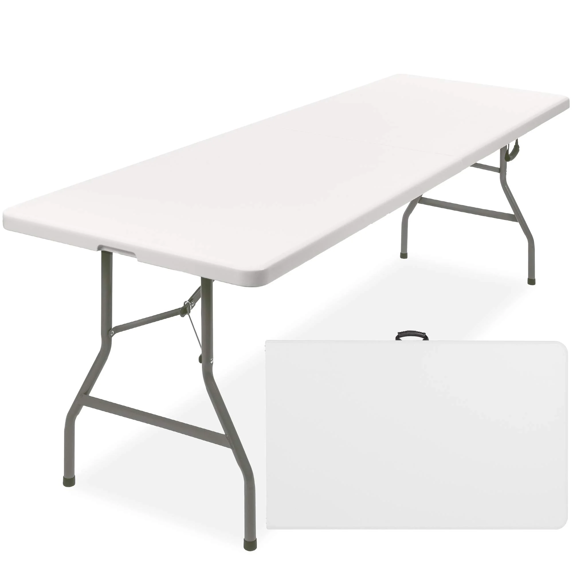 8ft Plastic Folding Table, Indoor Outdoor Heavy Duty Portable w/Handle, Lock for Picnic, Party, Pong, Camping - White