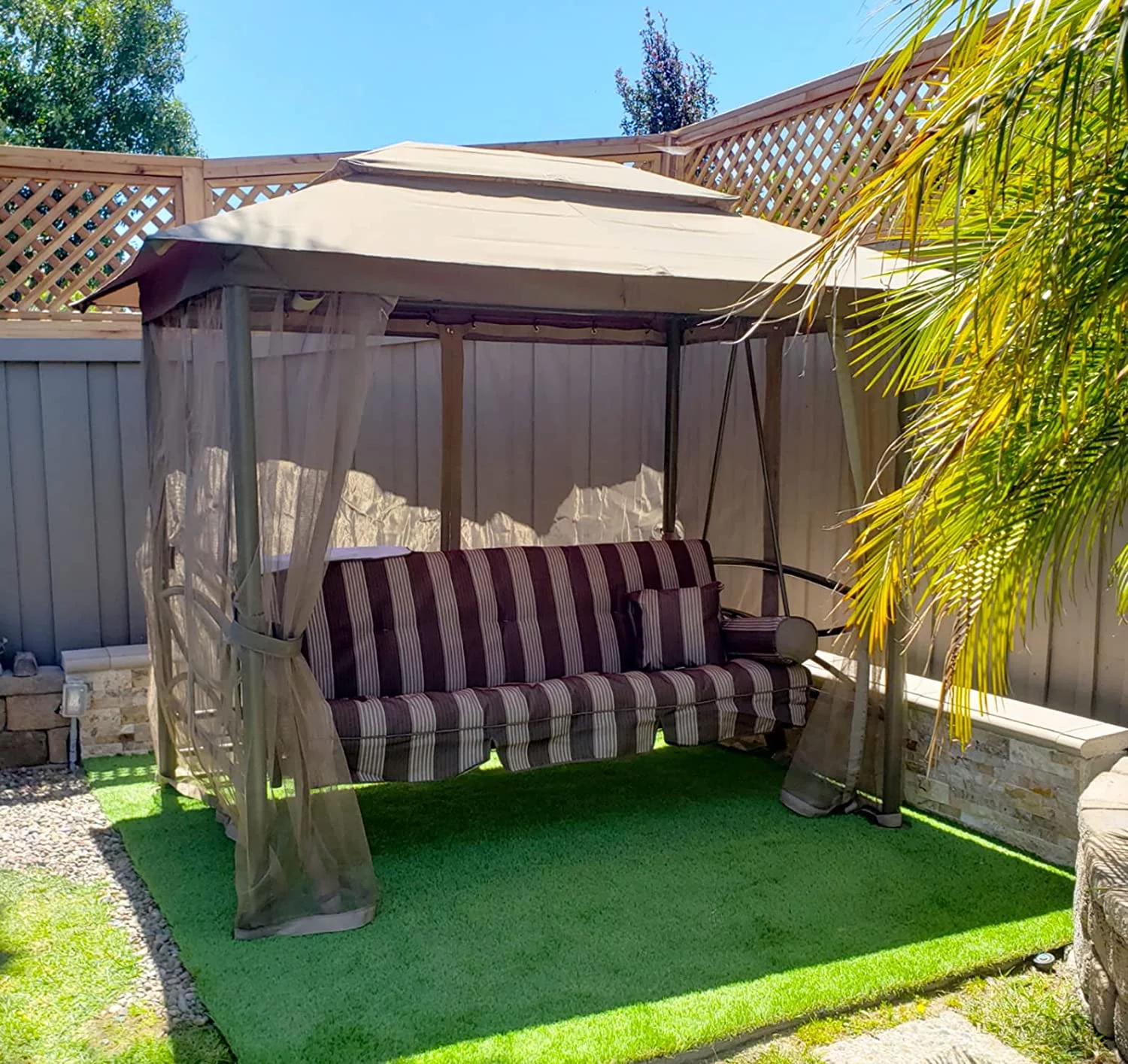 PURPLE LEAF 3 Person Outdoor Patio Porch Tent Swing with Netting & Curtains Swing with Canopy for Adults