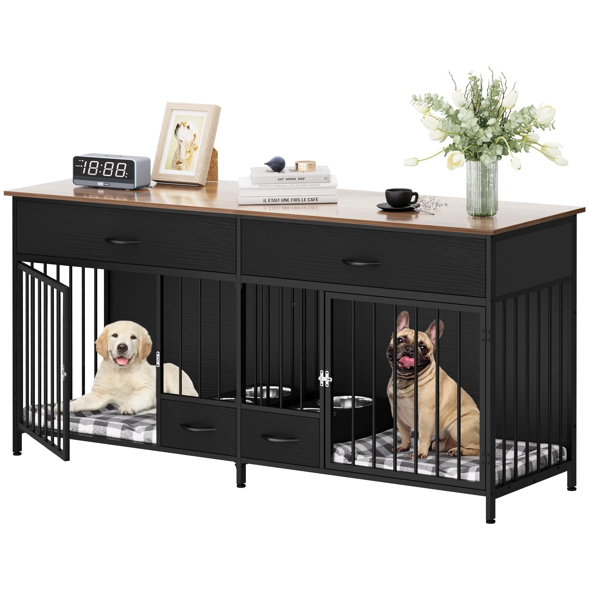 Dextrus Indoor Dog Crate Furniture Large Breed with Storage&Dog Feeder, Double Dog Kennel Furniture TV Stand, 74.8
