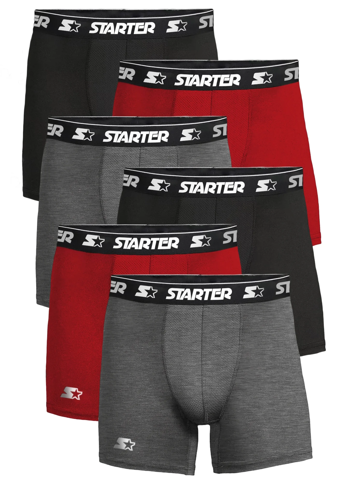 Starter Mens Boxer Briefs Active Performance Breathable Underwear for Men, Black Red Large 6-Pack