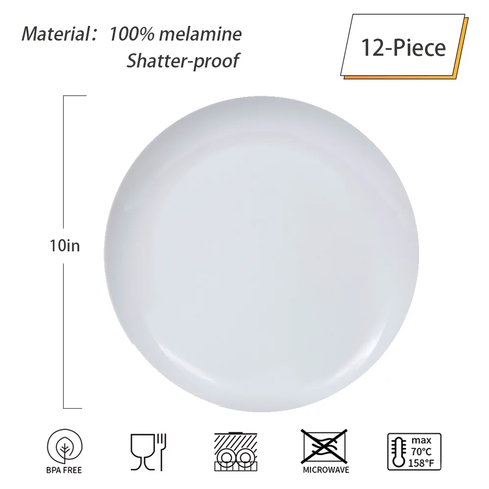White Dinner Plates Set, 10in Dishes Set for Daily Use, Sets of 12