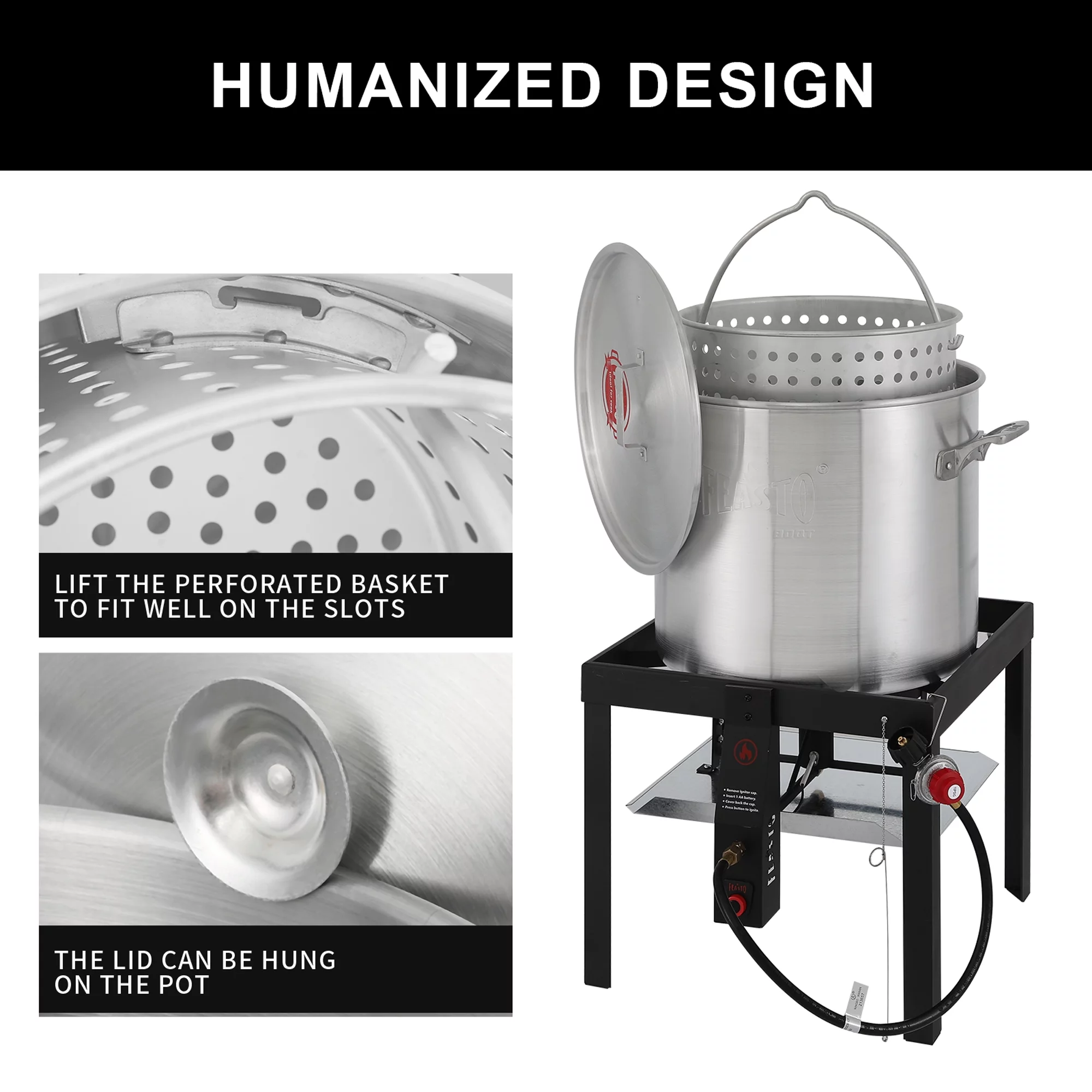 FEASTO 80 QT Seafood Boil Pot Kit with Basket and Electronic Ignitor,100,000 BTU Propane Burner