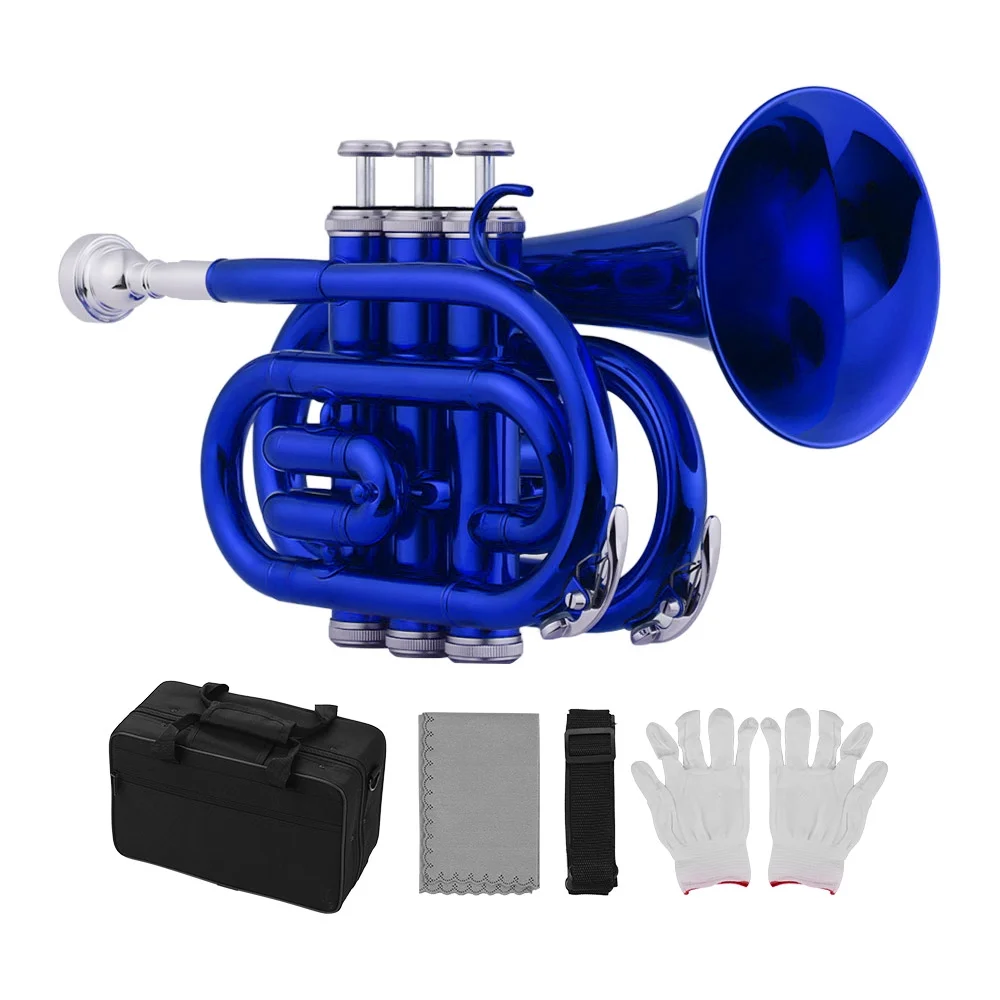 Muslady Mini Pocket Trumpet Bb Flat Brass Material Wind Instrument with Mouthpiece Gloves Cleaning Cloth Carrying Case