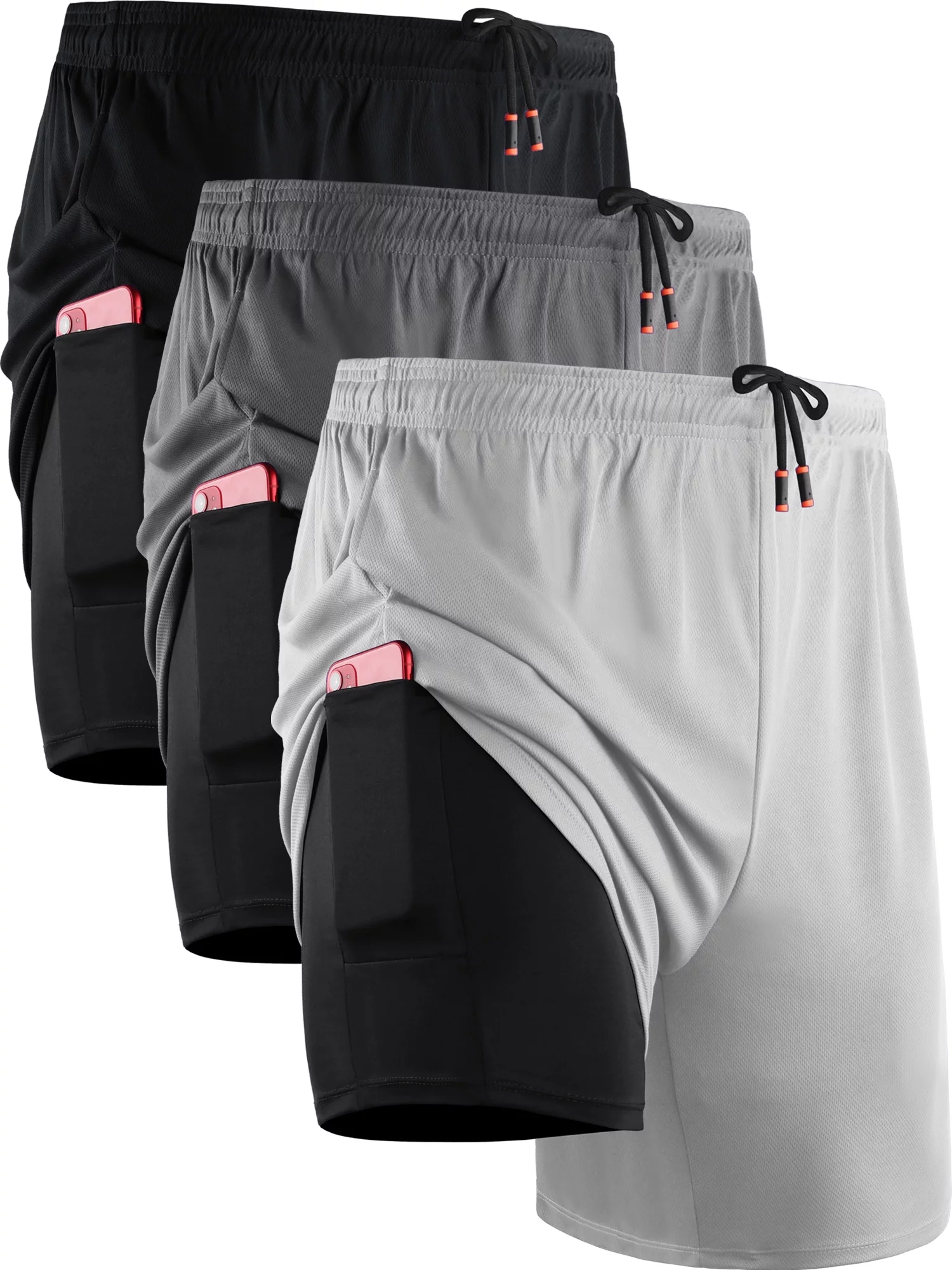 NELEUS Mens 2 in 1 Dry Fit Workout Shorts with Liner and Pockets,Black+Gray+White,US Size S