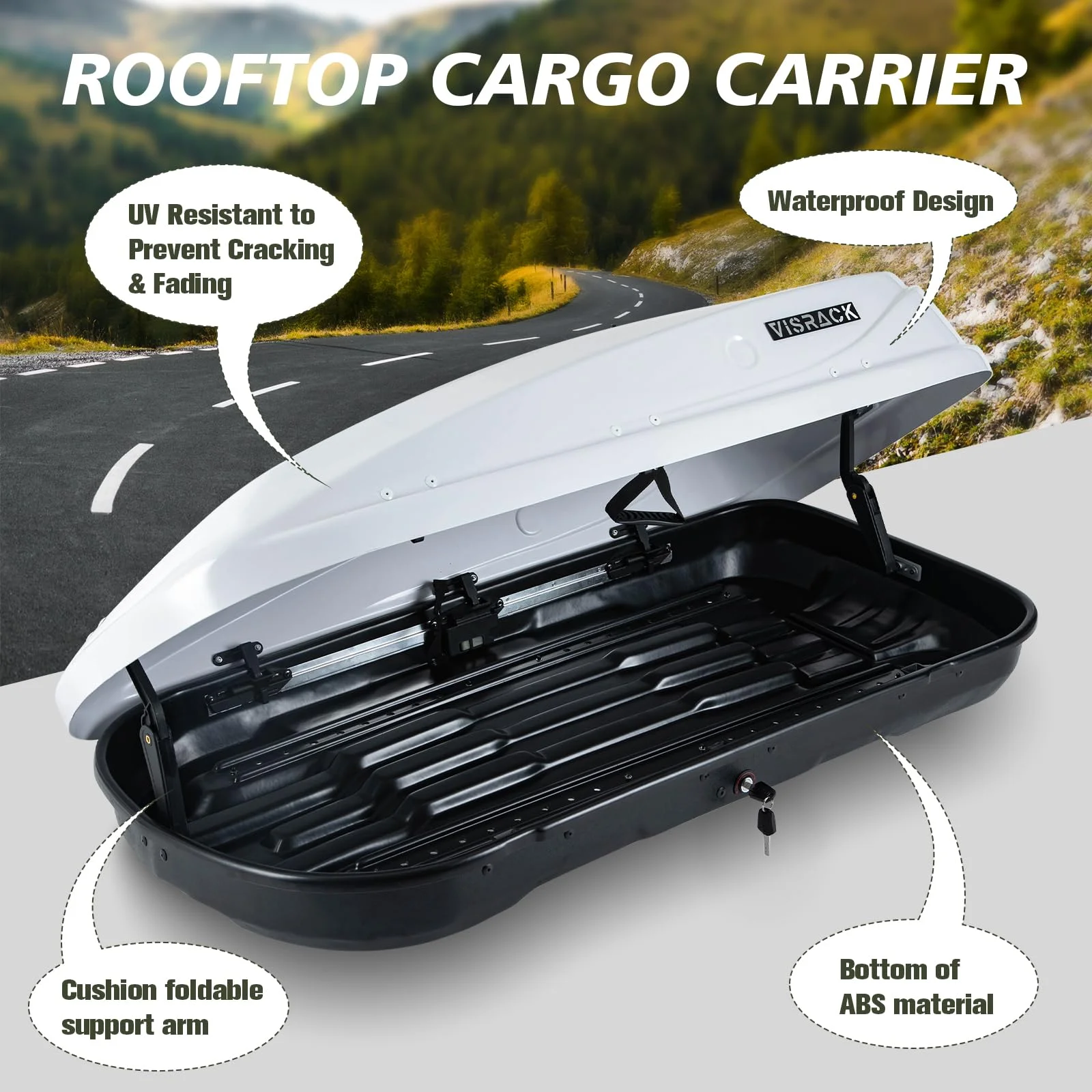 Gxcevsou  Rooftop Cargo Carrier Box, Heavy Duty Hard Shell Roof with Security Keys, Waterproof Rooftop Cargo Box, 56 (L) x 30 (W) x 13.7(H) Inches, 13 Cubic Feet (Tool-Free Install), White