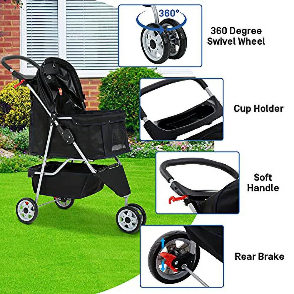 Best 3 Wheels Pet Stroller for Dog Stroller Cat Stroller, Lightweight and Foldable Pet Jogger Stroller, Carrier Strolling Cart W/Cup Holders Removable Liner for Small and Medium Dog Cat or Pet - Black