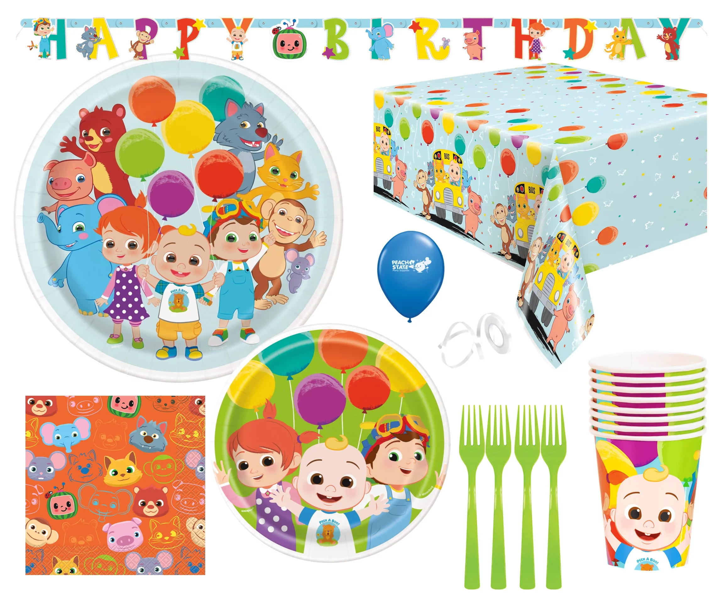 Cocomelon Birthday Party Supplies with Luncheon Plates, Cake Plates, Napkins, Cups, Tablecover, and Forks for 8 Guests