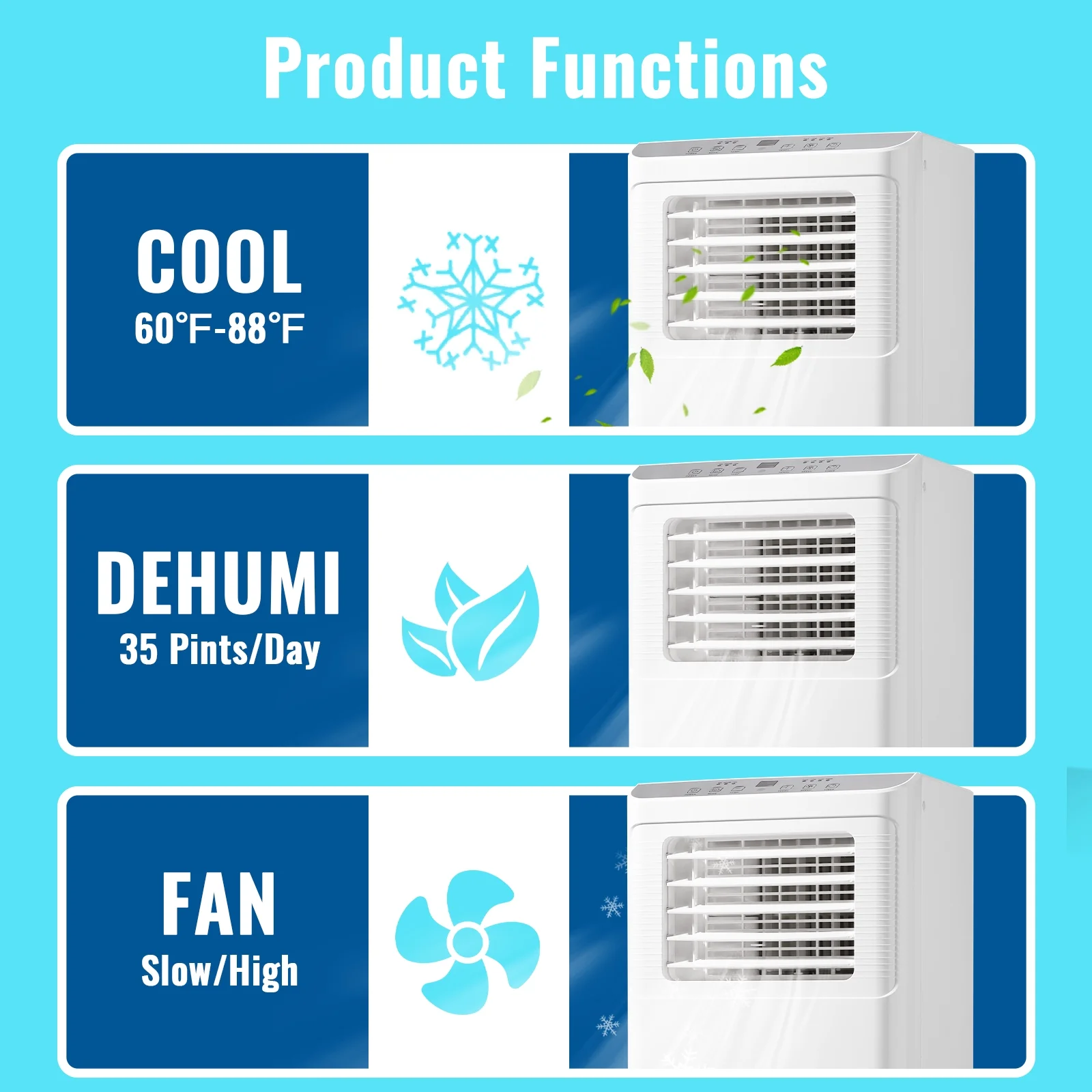WANAI Compact Air Conditioner 8000 BTU AC Unit Dehumidifier Fan 3-in-1, Room Up to 250 Sq.ft White