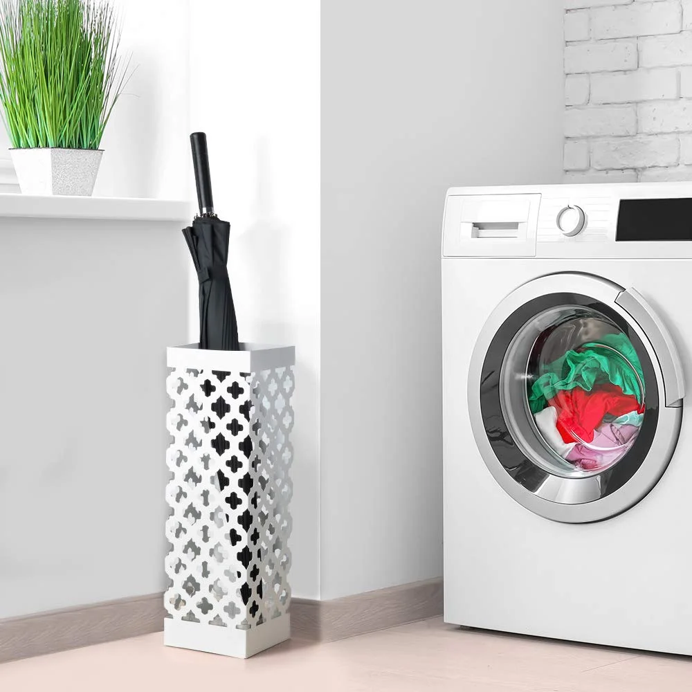 NEX Indoor Umbrella Stand Rack Metal Umbrella Holder with Tray and Hook, Square, White (NX-DB030-9)