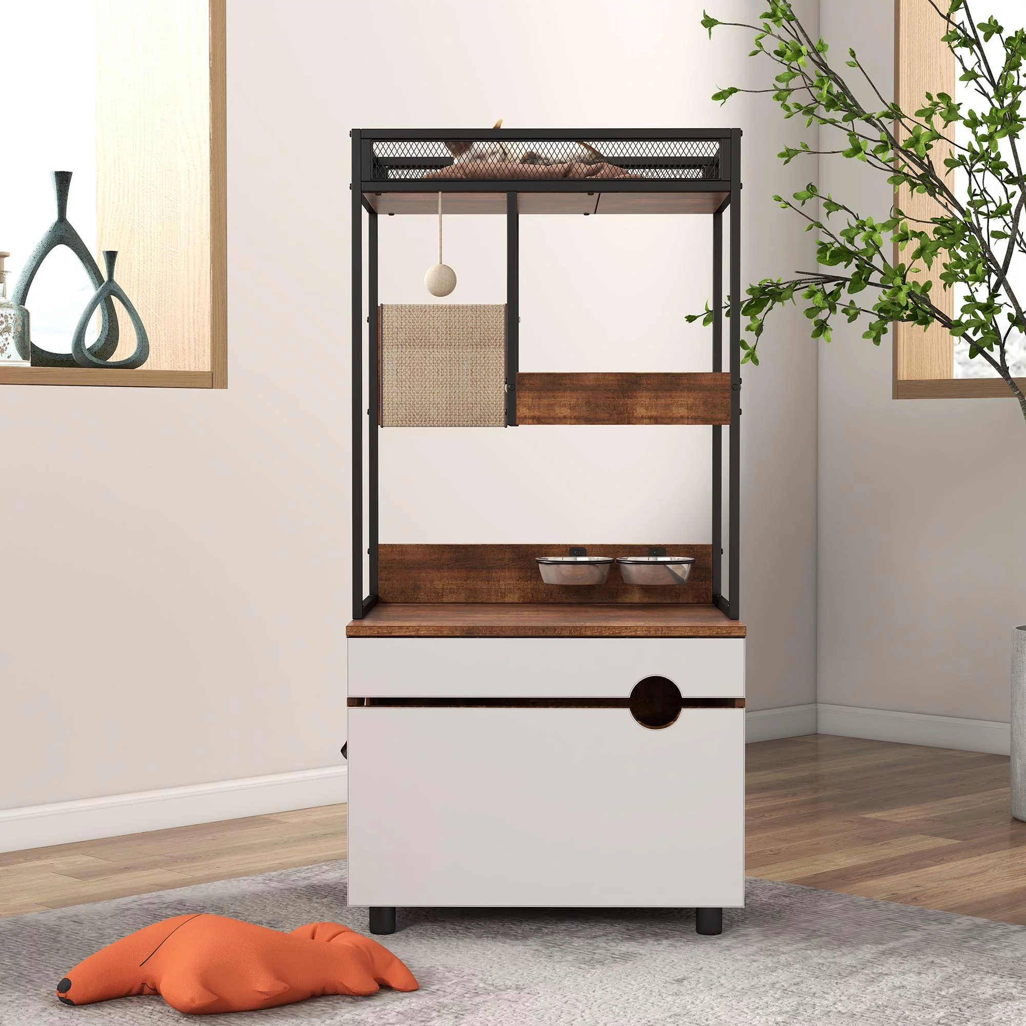 Hidden Cat Litter Box Enclosures with Cat Tree Tower, Cat Furniture with Scratching Pads and Large Storage Space, Industrial Cat Cabinet with Shelves and Doors, Rustic Brown