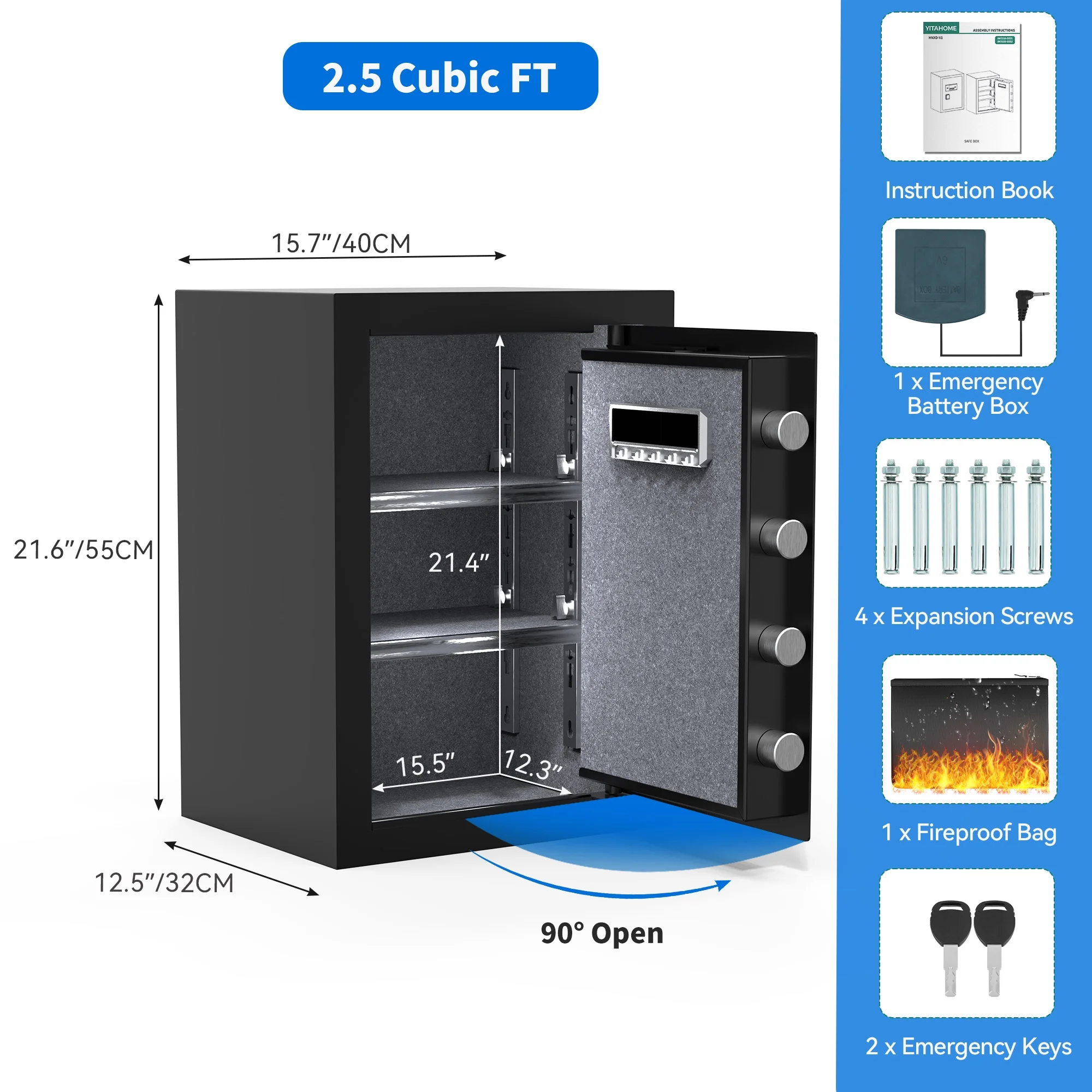 Dextrus Security Safe Box, 2.5 CU.FT Safe Box with Digital Keypad,Fireproof Bag and Adjustable Shelf for Storing Cash, Jewelry, Pistols, Documents in Home & Office & Hotel,15.75