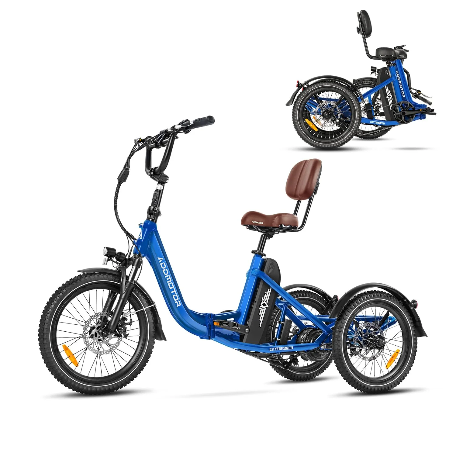 Addmotor Electric Trike, 750W (Peak 1400W) 90Miles Electric Tricycle for Adults, 48V 20Ah Folding 3 Wheel Electric Bikes with Parking Brake & Rear Speed Differential, E-310 Blue