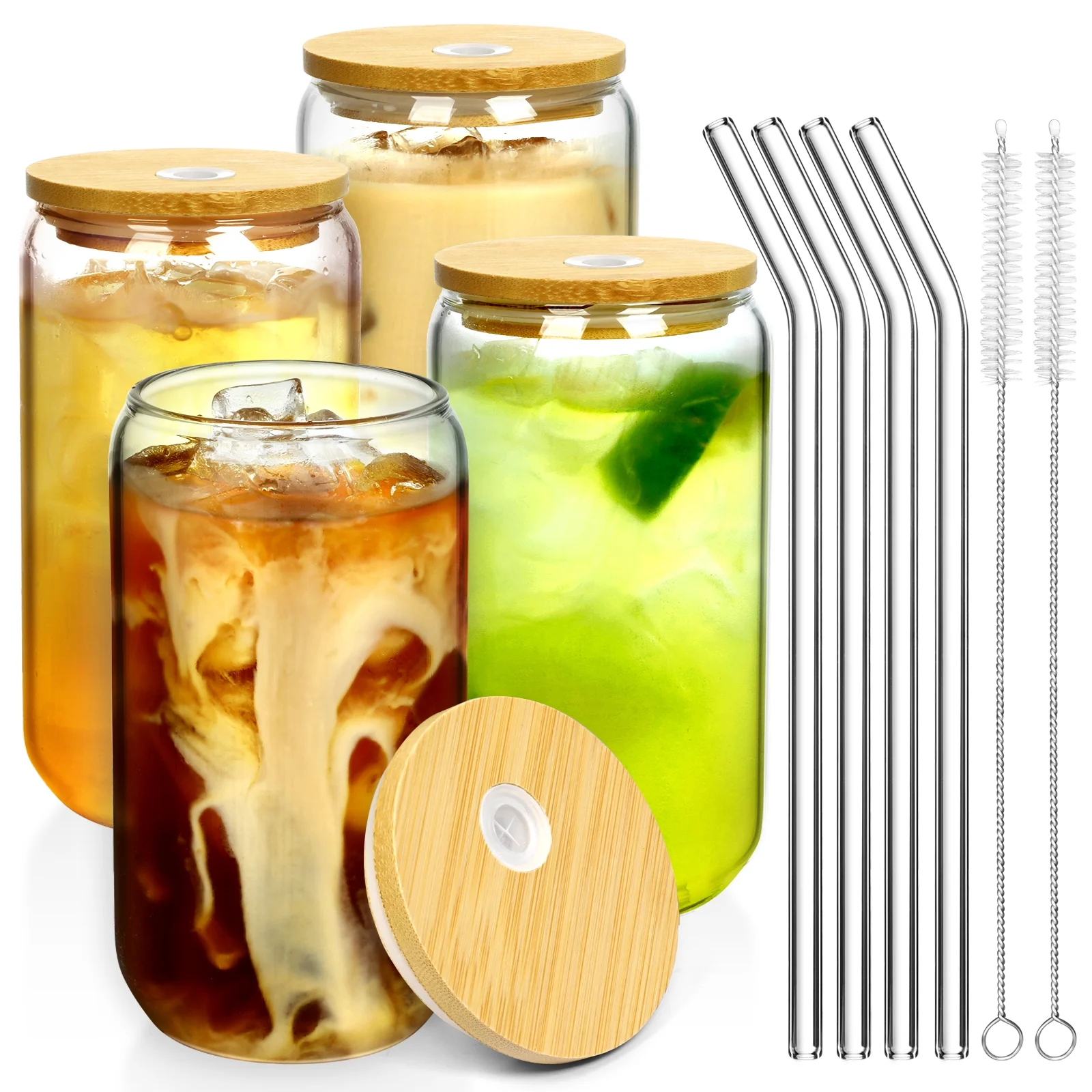 Drinking Glasses with Bamboo Lids and Glass Straw 4 Sets - 16oz Can Shaped Glass Cups, Beer Glasses, Iced Coffee Glasses, Cute Tumbler Cup, Ideal for Cocktail, Whiskey, Gift - 2 Cleaning Brushes