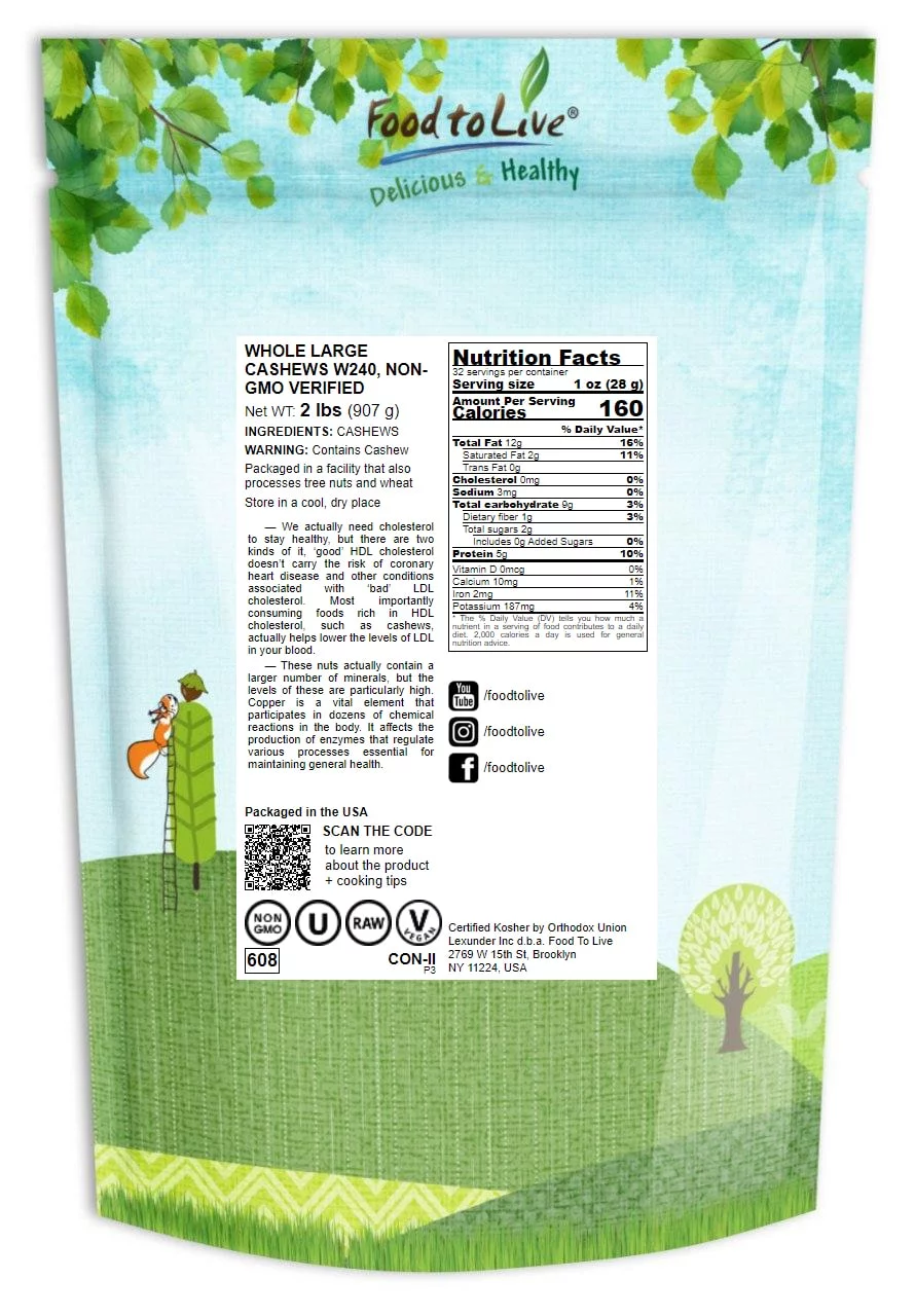 Food To Live Â® Raw Cashew Nuts (Whole, Size W-240, Unsalted, Bulk) (2 Pounds)