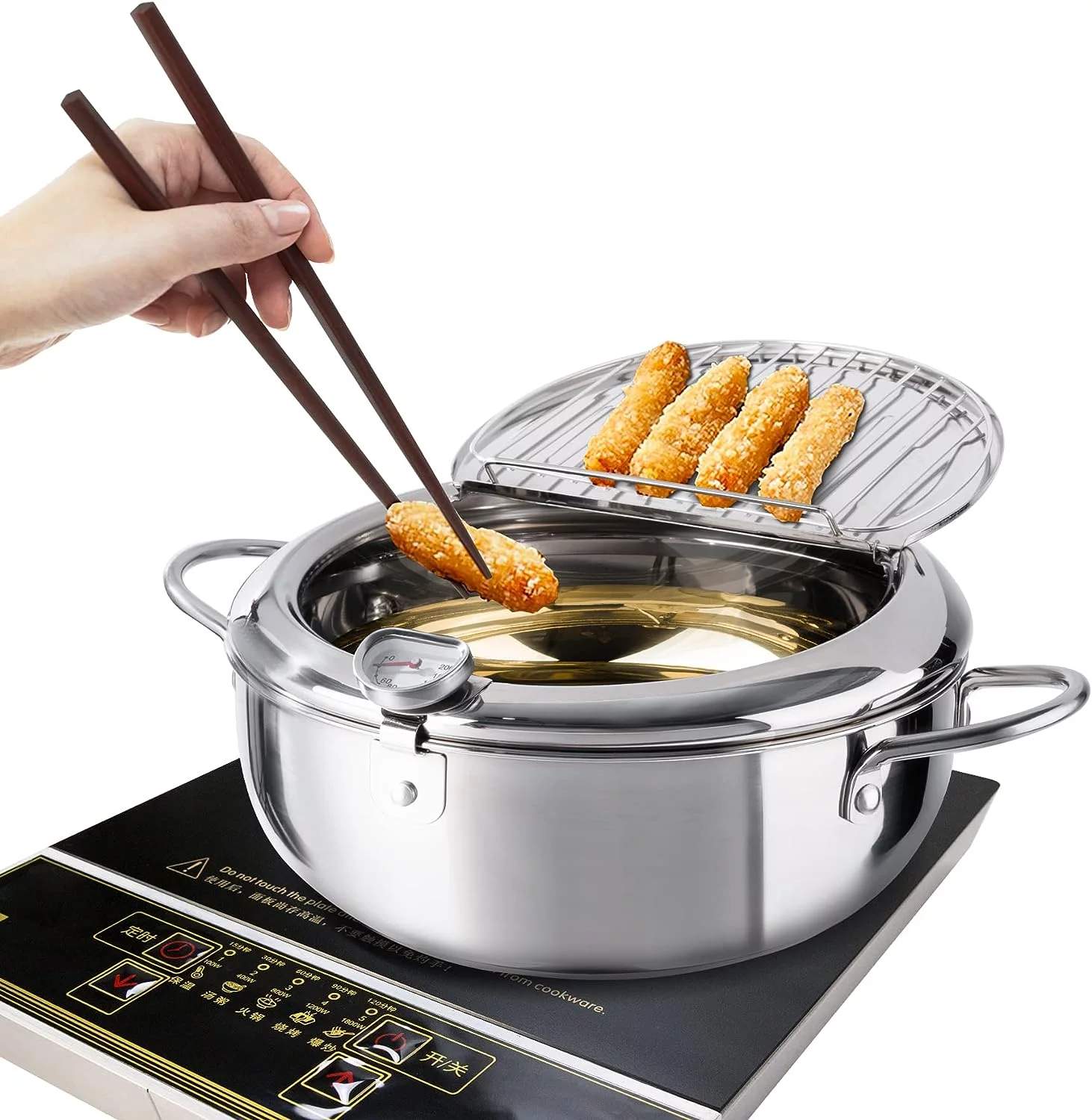 Hawsaiy 9.4 Inch/3.4 L Deep Fryer Pot Janpanese Style Tempura Frying Pot with Lid, 304 Stainless Steel with Temperature Control and Oil Drip Drainer Rack, for Kitchen French Fries, Chicken etc