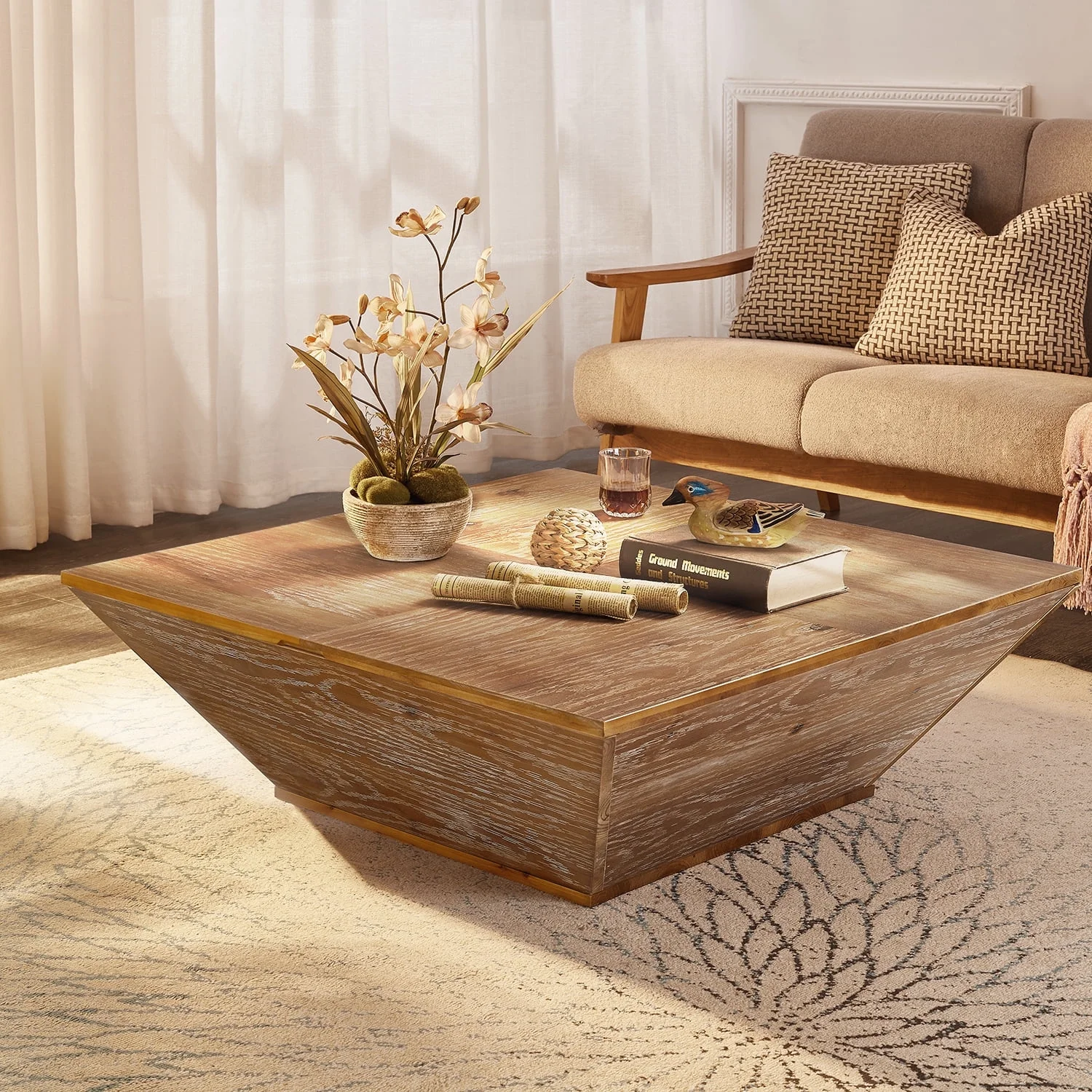 Gexpusm Farmhouse Coffee Table with Storage, Retro Square Wood Center Table for Living Room