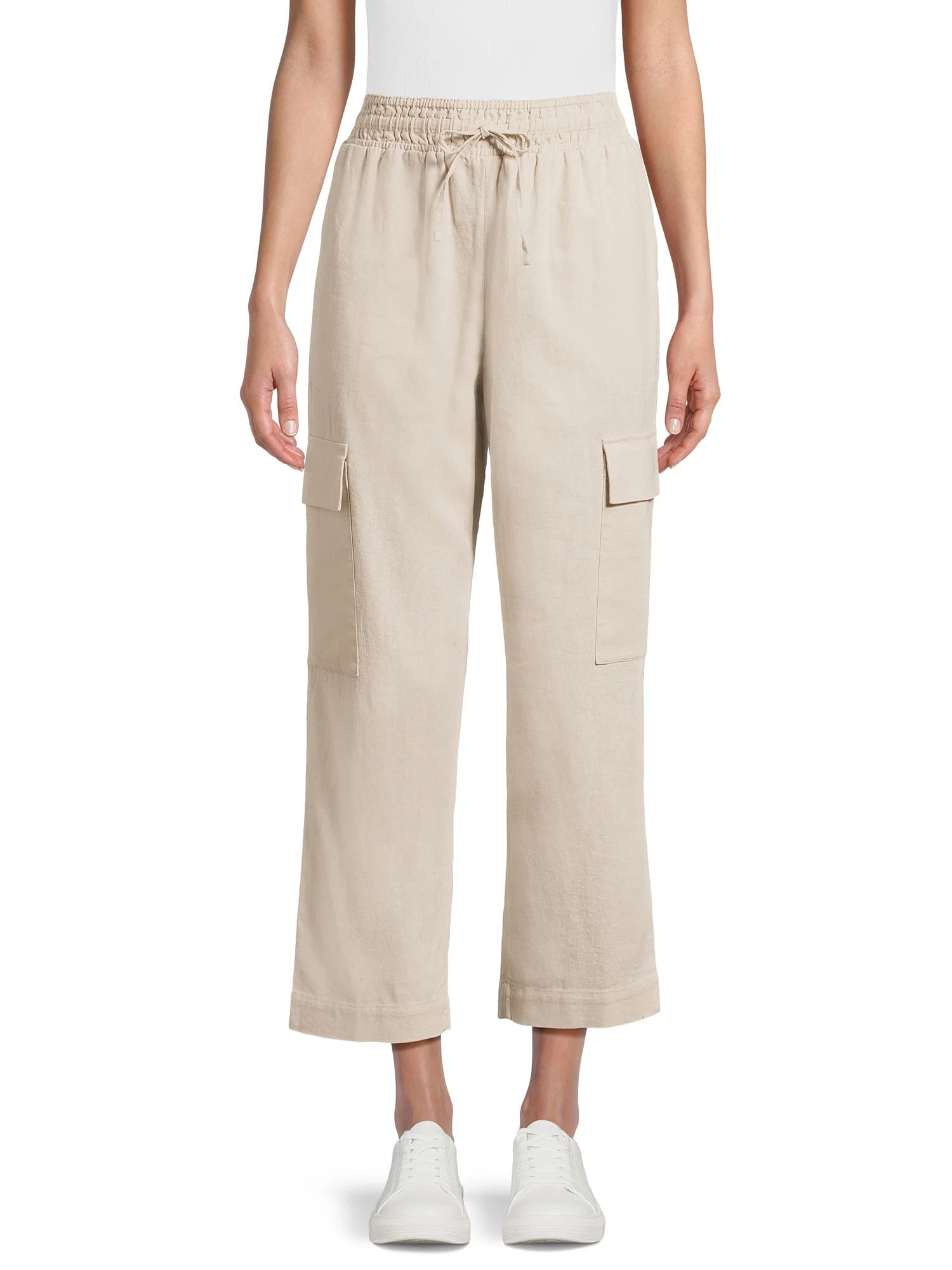 Time and Tru Women's High Rise Pull on with Drawstring Straight Leg Cargo Linen Pants, 27