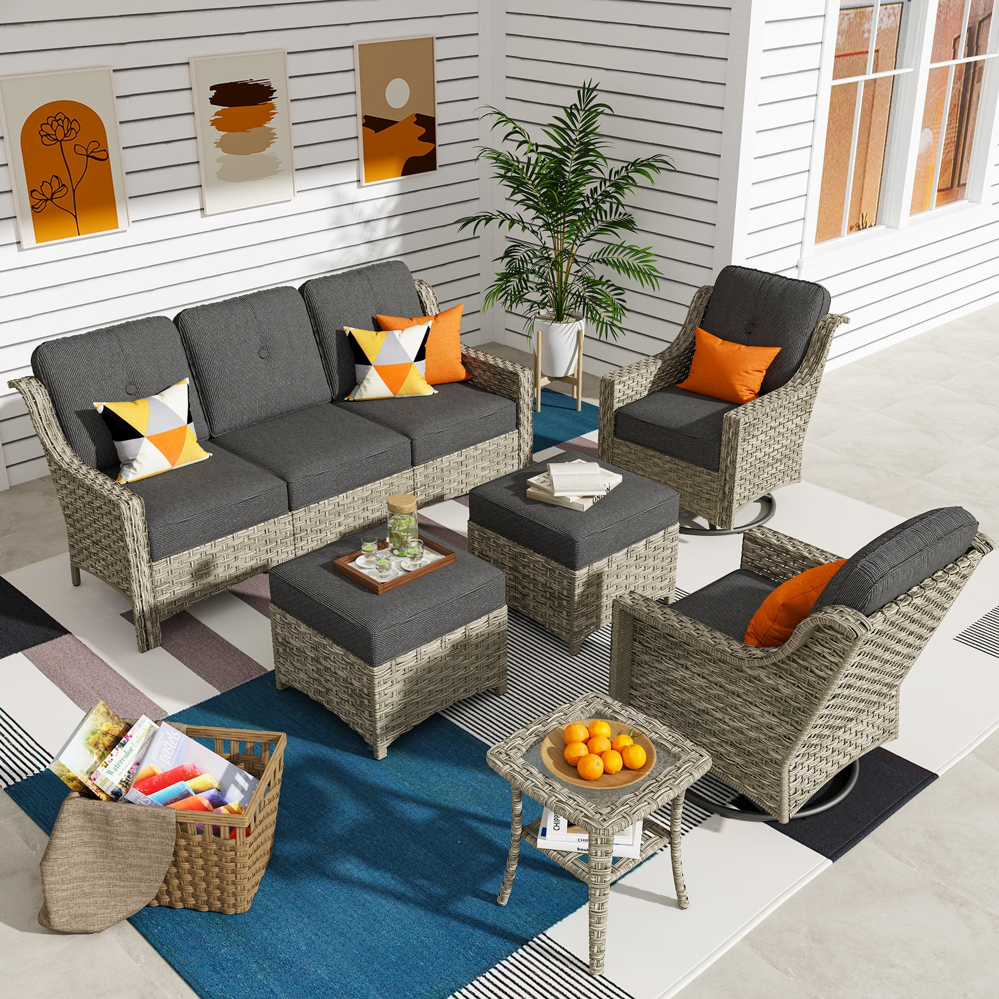 Ovios High-Back Outdoor Furniture 6 Pieces Gray Wicker Patio Conversation Set with Rocking Swivel Chairs for Backyard