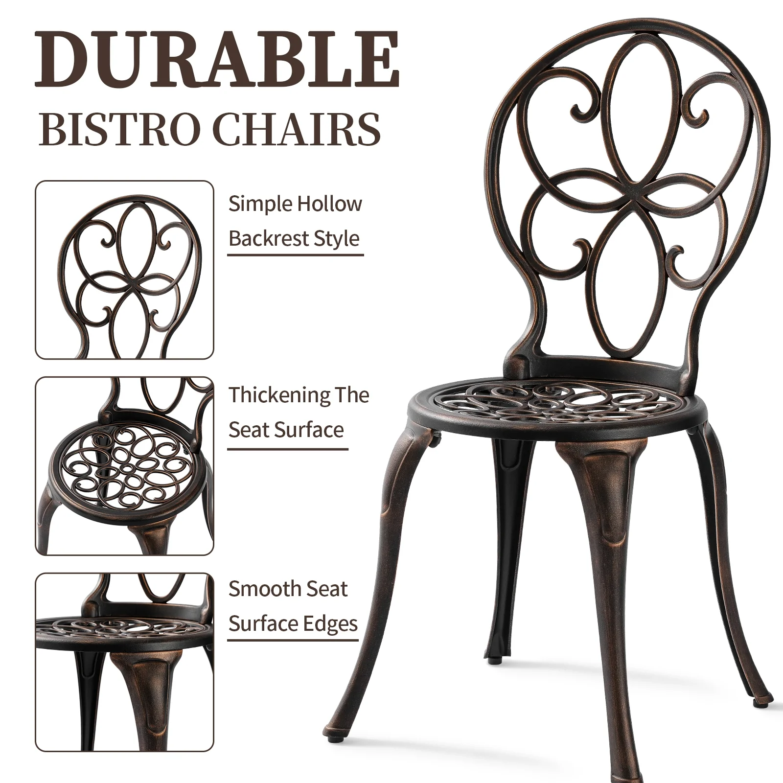 PATIO-IN 3 Piece Outdoor Bistro Set Cast Aluminum Patio Table and Chairs Set of 2 with Umbrella Hole,Metal Patio Furniture Set for Garden,Bronze