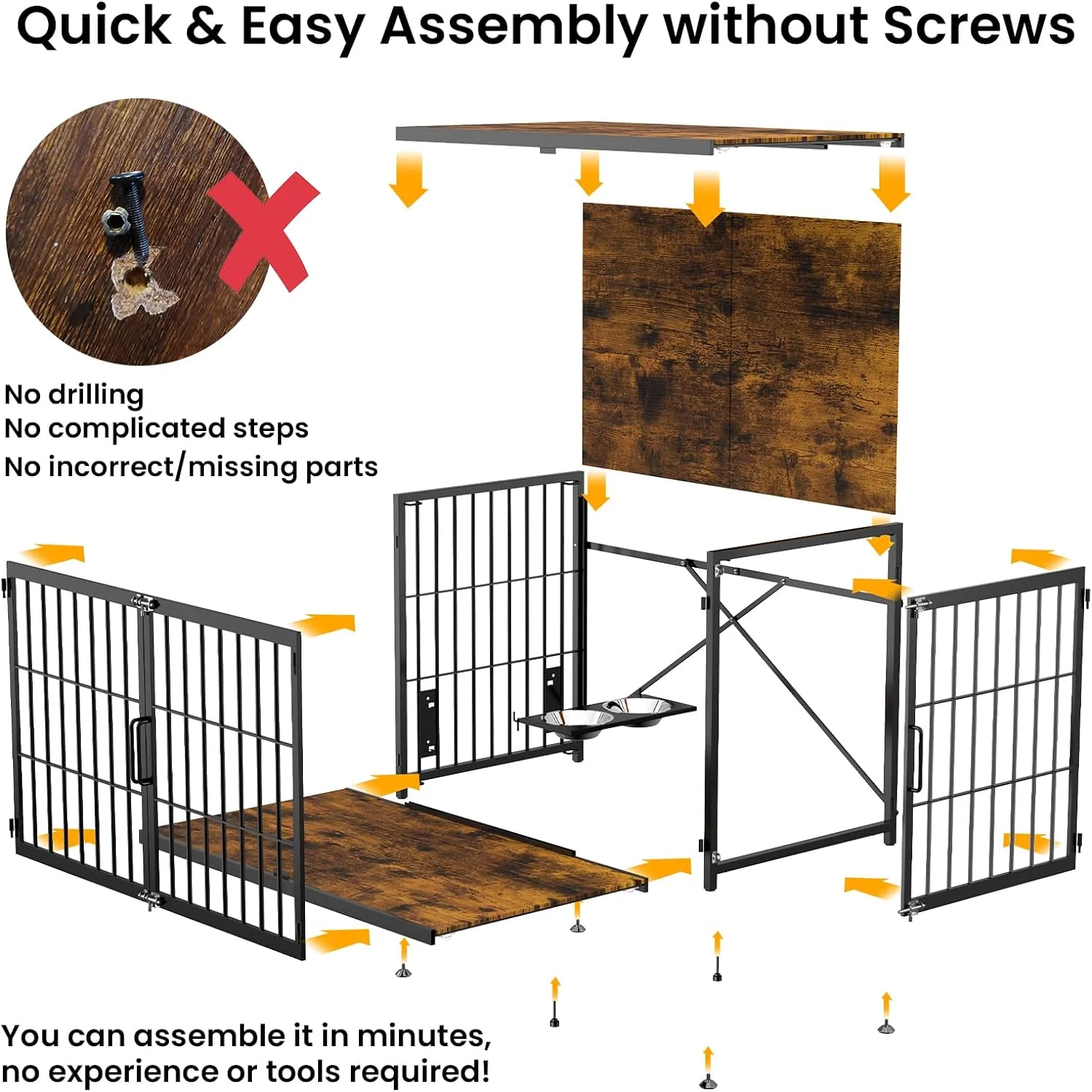 FUNZEAL 48 Inch Dog Crate Furniture with Bowls, No Screws Easy to Assemble Wooden Heavy Duty Dog Kennel with Double Doors, Decorative Pet House Dog Cage Side End Table Indoor Chew-Resistant