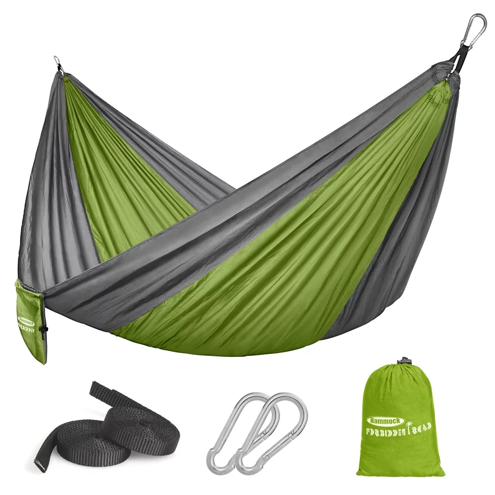 Forbidden Road Hammock Single Double Camping Lightweight Portable Hammock for Outdoor Hiking Travel Backpacking - Nylon Hammock Swing - Support 400lbs（Green & Gray