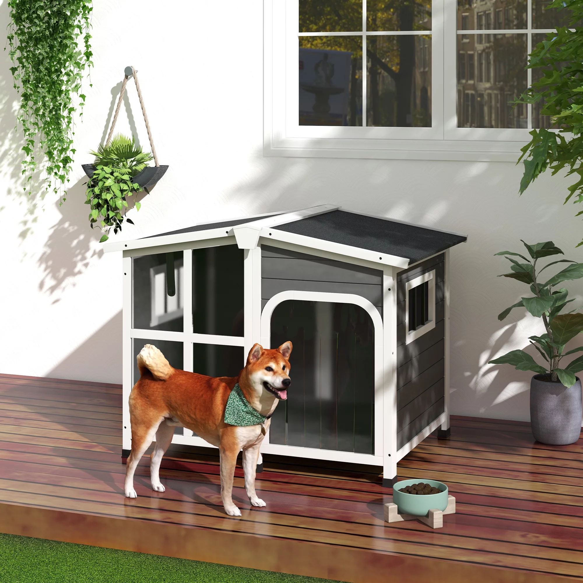 PawHut Giant Window Wooden Dog House for Large Dogs Outdoor & Indoor