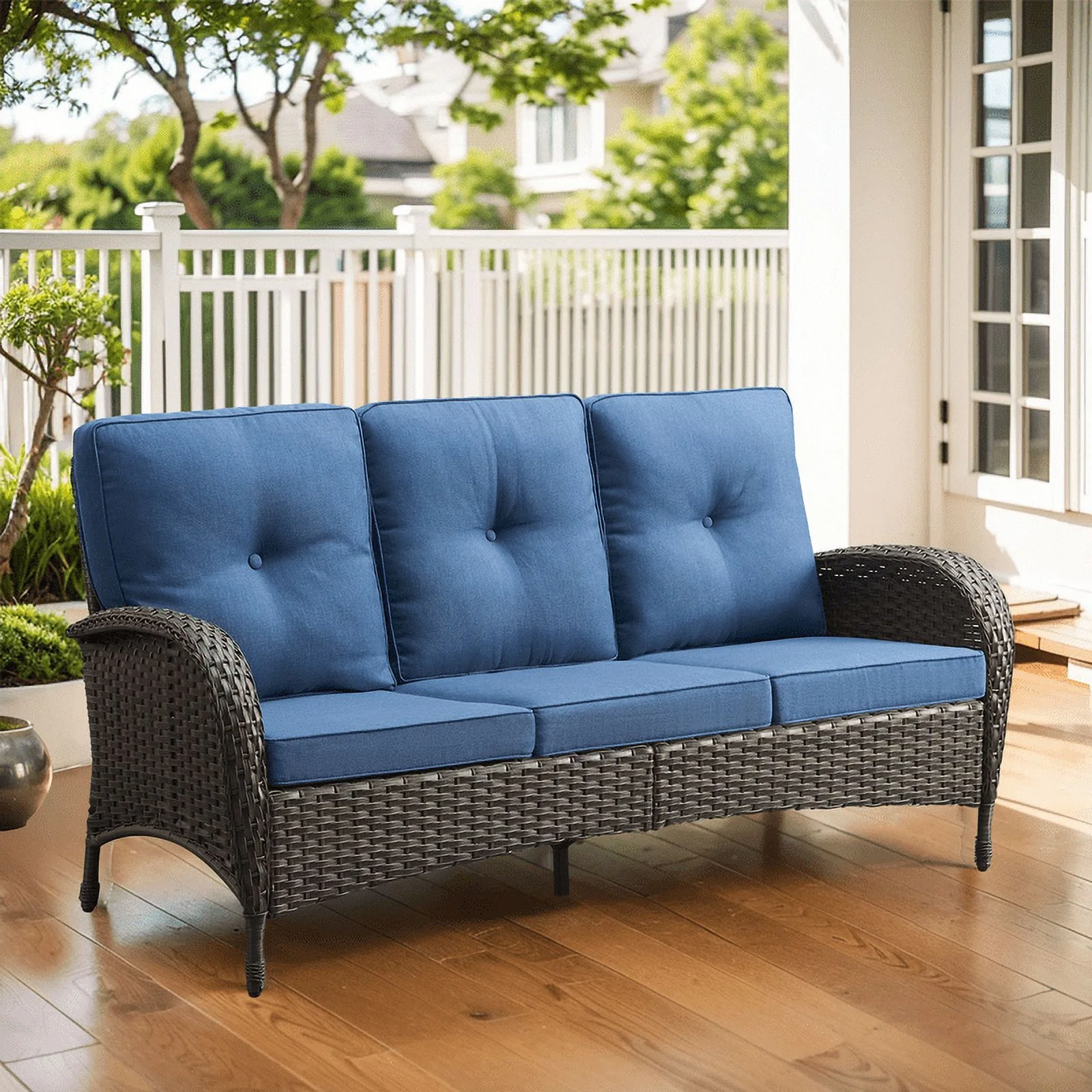 PARKWELL Outdoor 3 Seats Patio Sofa Furniture, All-Weather Wicker Rattan Couch with Removable Cushions,Blue