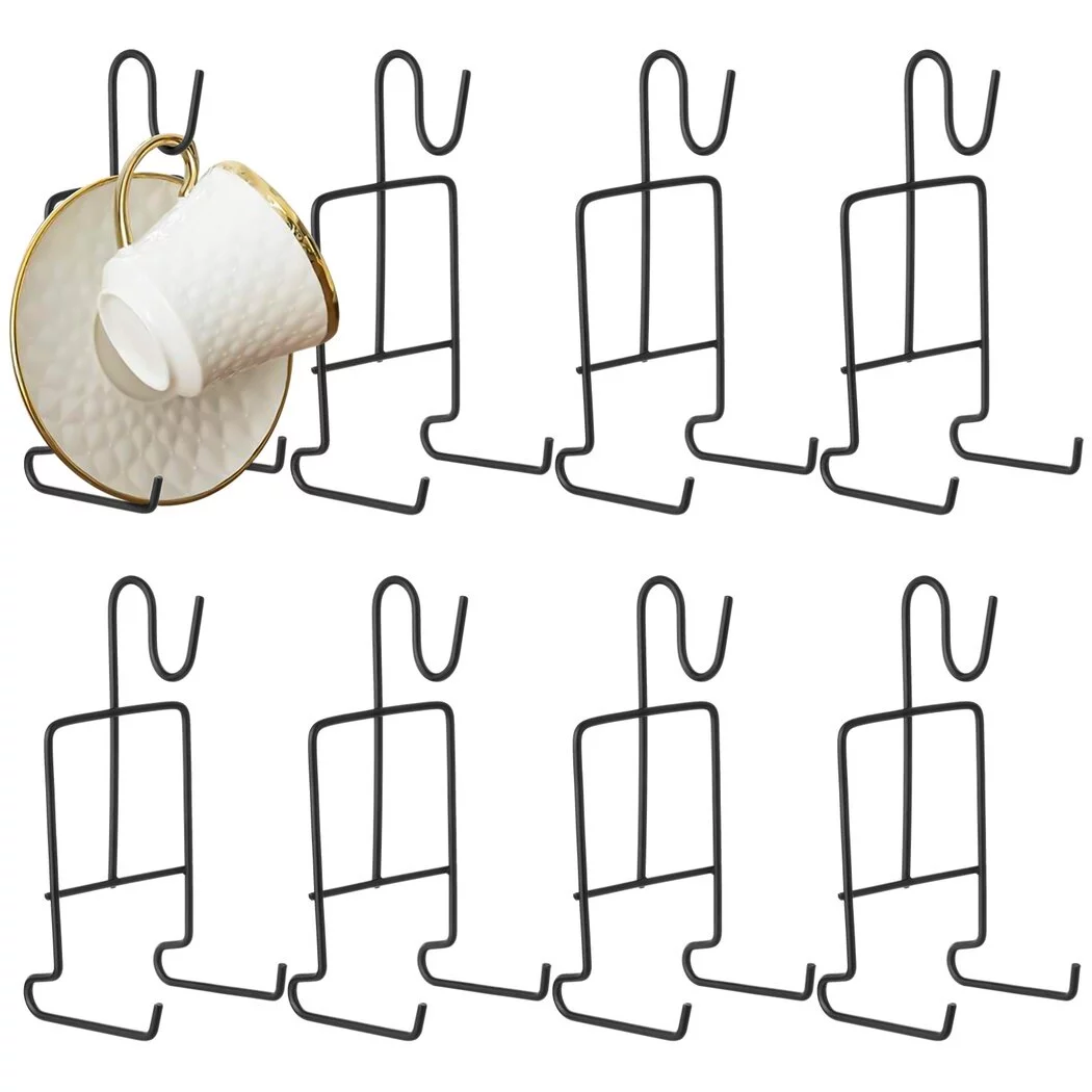 Cup and Saucer Display Stand, 8 Pcs Tea Cup and Saucer Holders, Teacup Coffee Mug Organizer Rack, Black Finish Metal Mug and Saucer Stand for Tea Coffee Cups Plates