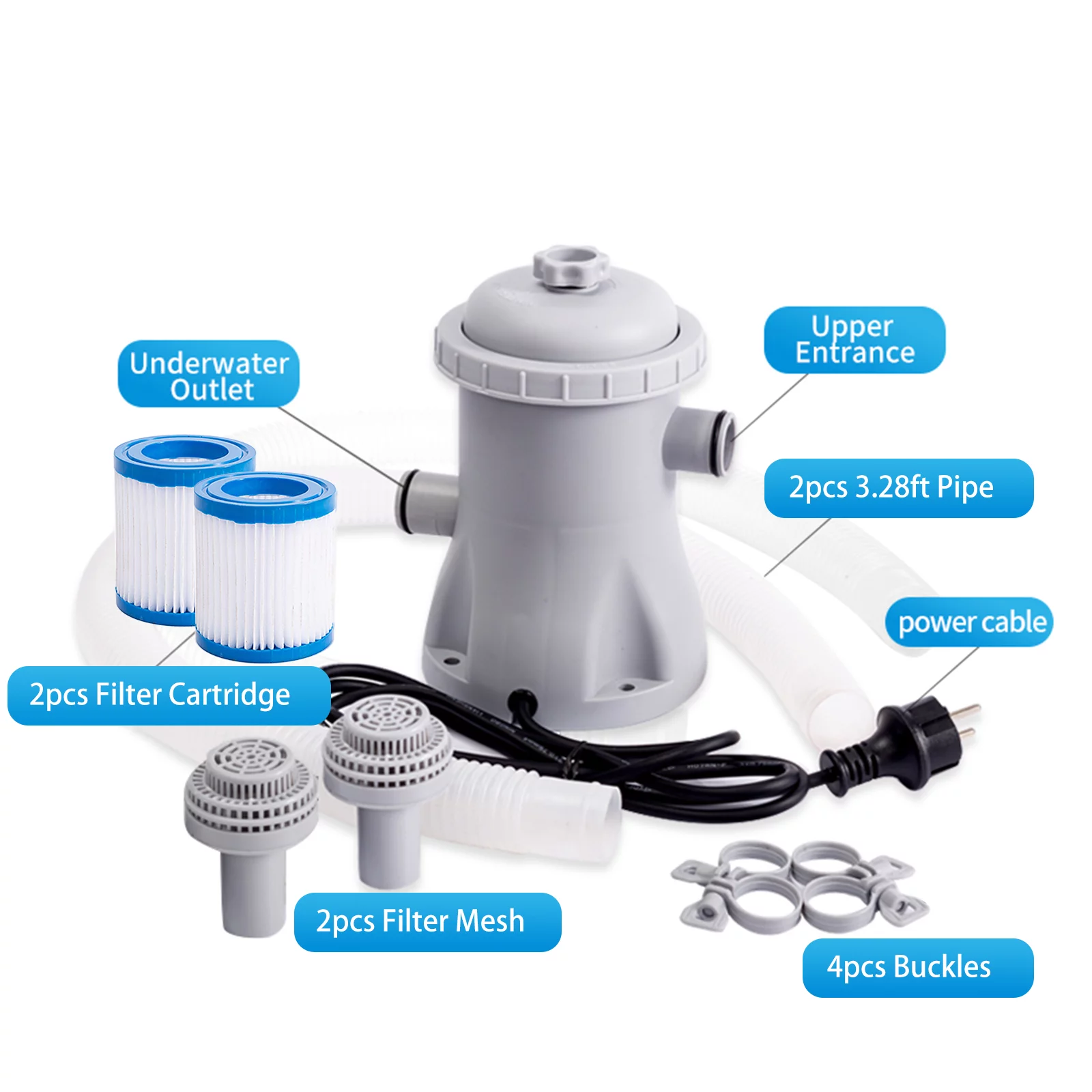 Moobody Pool Filter Pump 330 GPH Paddling Pool Electric Water Pump With 2 Pool Filter Cartridge Poo